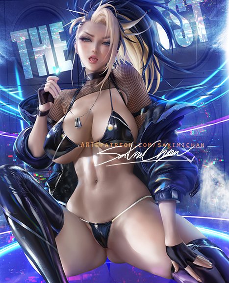 1girls, akali, alternate costume, big breasts, breasts, cleavage, female, female only, k/da akali, k/da series, large breasts, league of legends, looking at viewer, panties, sakimichan, solo, spread legs