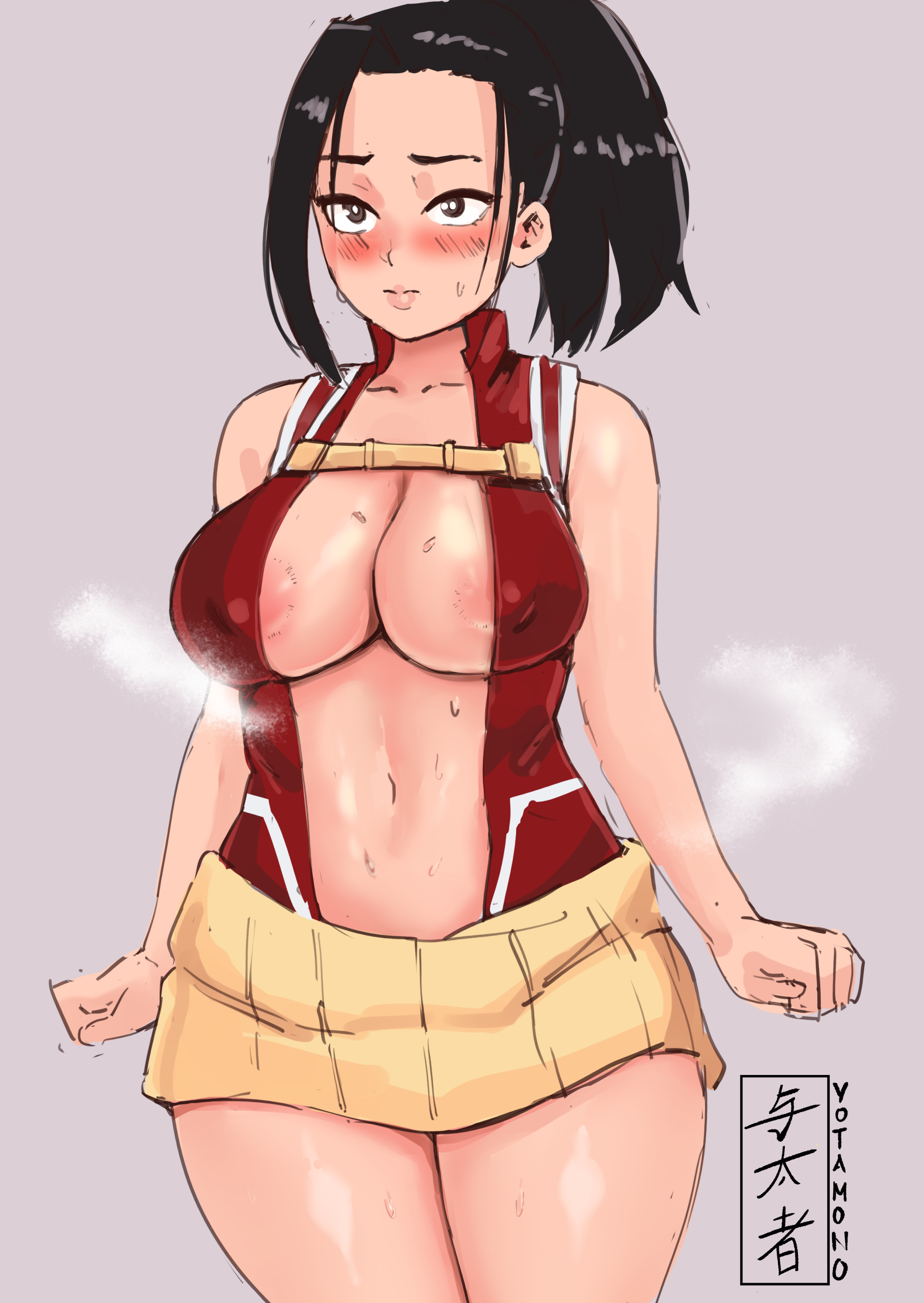 1girls, absurdres, big breasts, black hair, black-haired female, blush, breasts, cleavage, female, female only, hero outfit (mha), highres, human, human female, large breasts, leotard, light-skinned female, momo yaoyorozu, momo yaoyorozu (hero outfit), my hero academia, solo, superheroine, sweat, yotahen