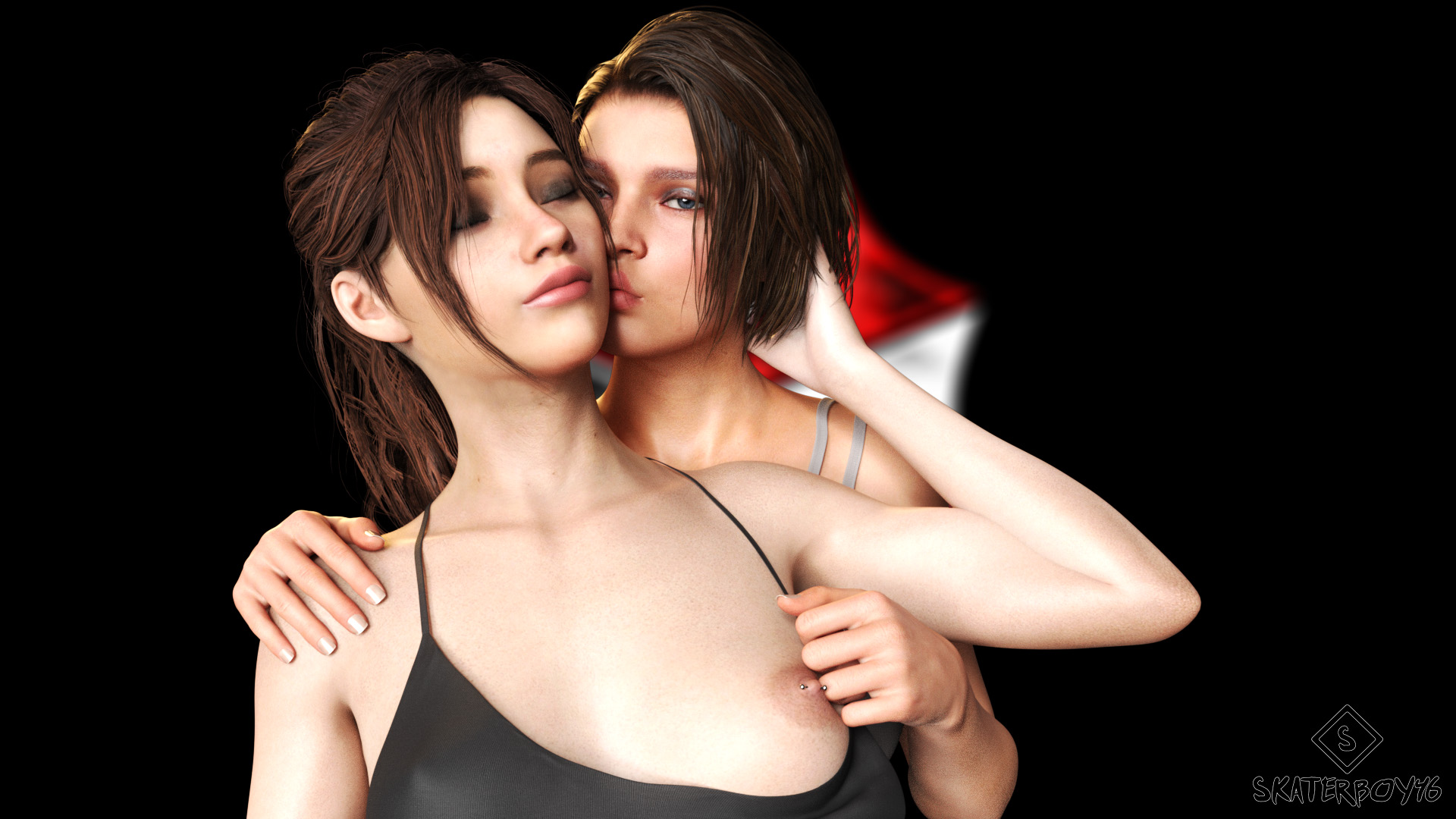 2girls, 3d, 3d (artwork), breasts, brown hair, capcom, claire redfield, female, female only, jill valentine, jill valentine (sasha zotova), kissing, nipple piercing, nipples, piercing, resident evil, resident evil 2, resident evil 2 remake, resident evil 3, resident evil 3 remake, skaterboy46, yuri