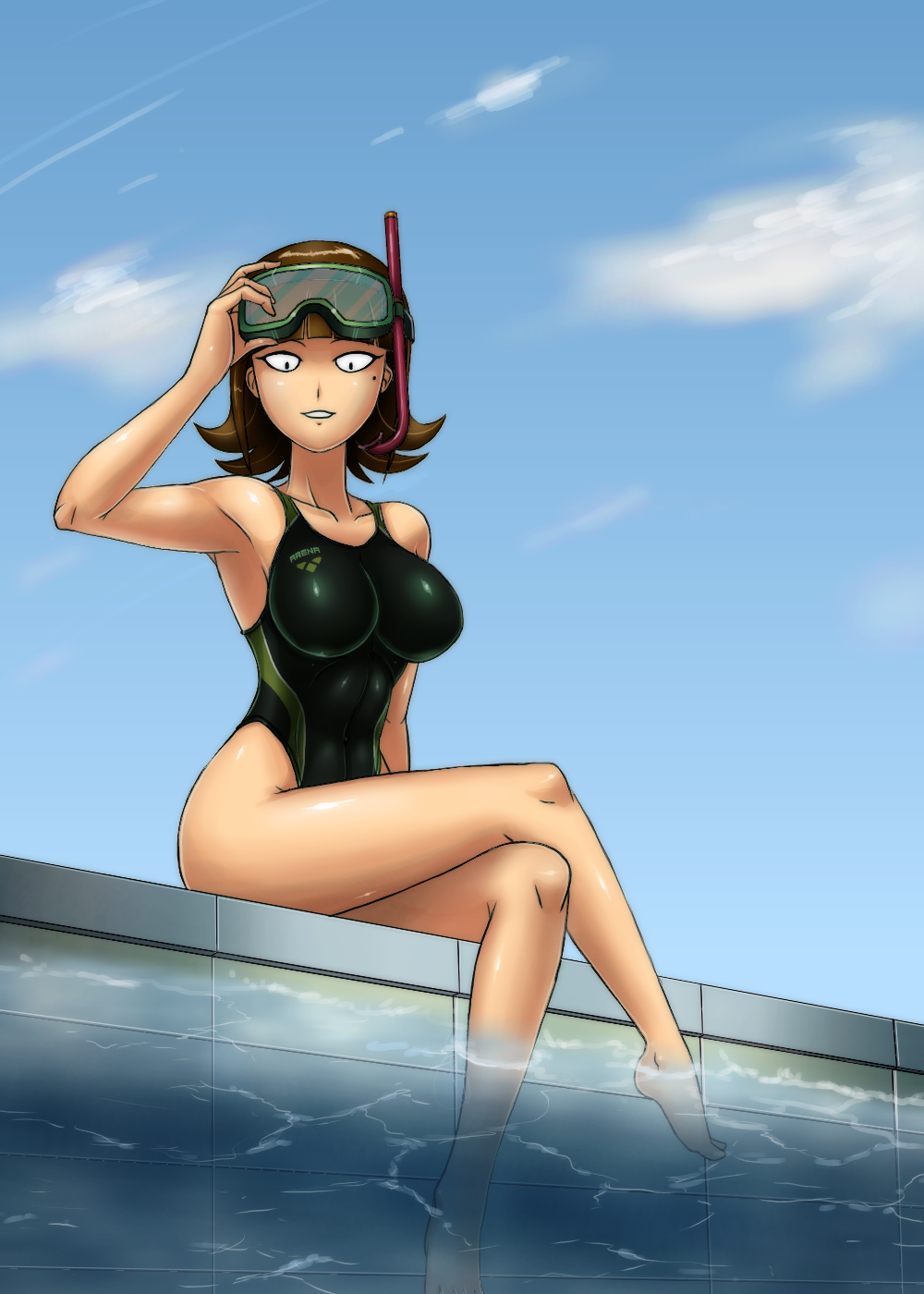 1girls beauty_mark breasts brown_hair character_request clouds crossed_legs deadmoon female female_only light-skinned_female light_skin looking_at_viewer outdoors outside pinup poolside short_hair sky snorkel snorkel_mask solo solo_female swimsuit