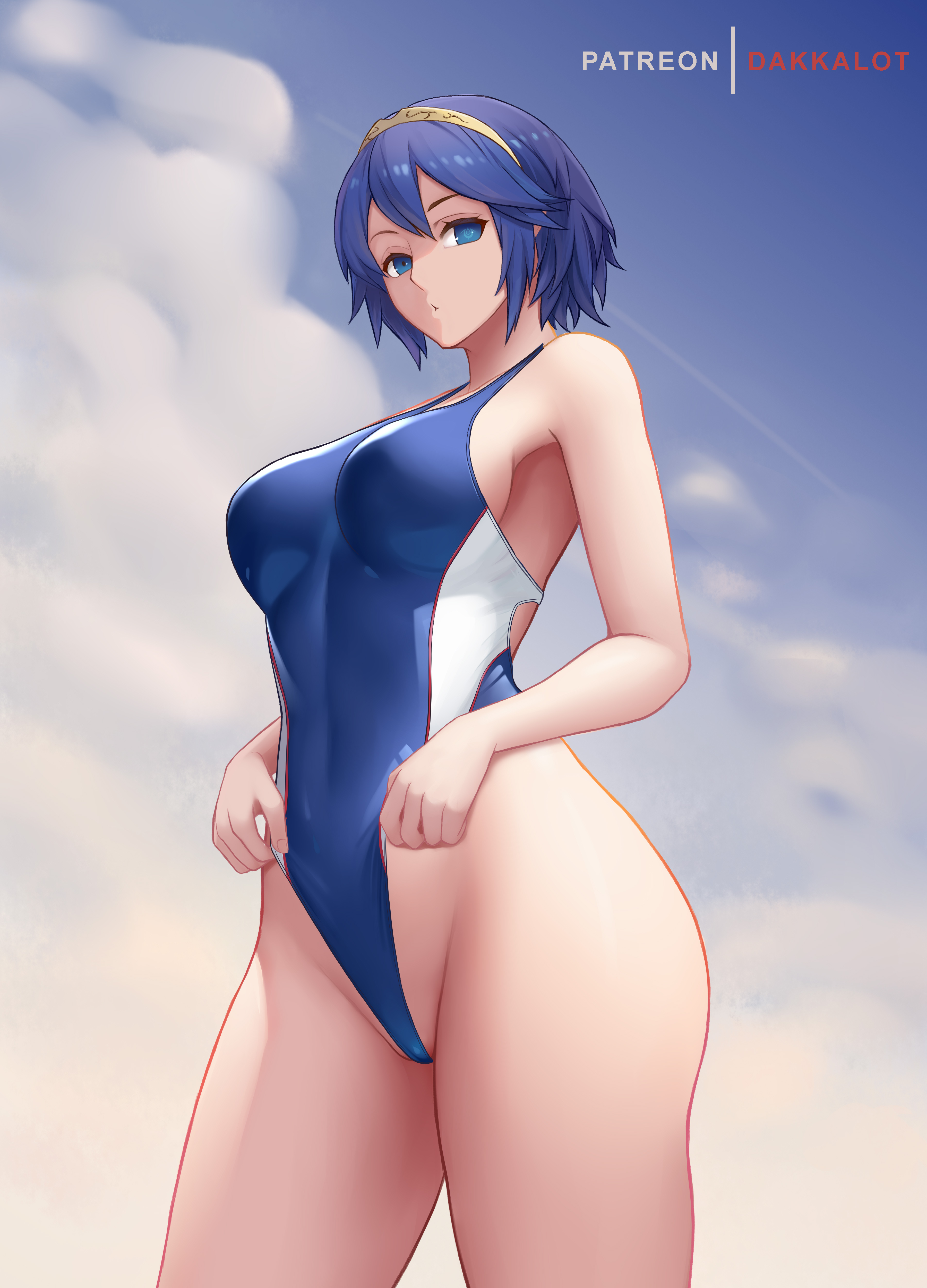 alternate breast size, alternate hairstyle, artist name, big breasts, blue eyes, blue hair, blue swimsuit, breasts, competition swimsuit, dakkalot, female, female focus, female only, fire emblem, fire emblem awakening, gold hairband, hairband, large breasts, looking down, lucina (fire emblem), marth (fire emblem awakening), nintendo, one-piece swimsuit, pursed lips, short blue hair, short hair, sky, solo, solo female, solo focus, swimsuit, thick thighs, voluptuous, wide hips