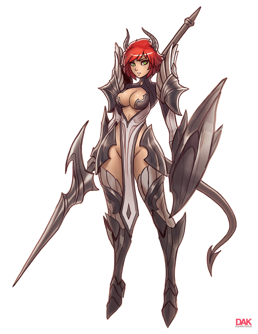 1girls armor armored_boots armored_dress bikini_armor bob_cut darkartskai female_only floating fully_clothed green_eyes lance loincloth looking_at_viewer medium_breasts red_hair shield simple_background spear tagme unconvincing_armor white_background