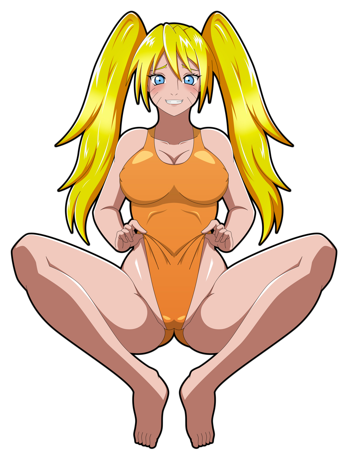 1girls, barefoot, big breasts, blonde hair, blue eyes, blush, breasts, busty, canon genderswap, cleavage, clenched teeth, clothing, curvaceous, curvy, curvy figure, feet, female, female only, fully clothed, gender transformation, genderswap, genderswap (mtf), grin, large breasts, legs, light skin, light-skinned female, long hair, naruko, naruto, naruto (series), naruto shippuden, nipple bulge, one-piece swimsuit, pale skin, pale-skinned female, pose, posing, rule 63, sexy no jutsu, sitting, sleeveless shirt, smile, smiling, solo, solo female, solo focus, susuki hg, swimsuit, teeth, thick thighs, thighs, tied hair, toes, transformation, twintails, uzumaki naruto, voluptuous, whisker markings, whiskers, whistle, white background, wide hips, yellow hair