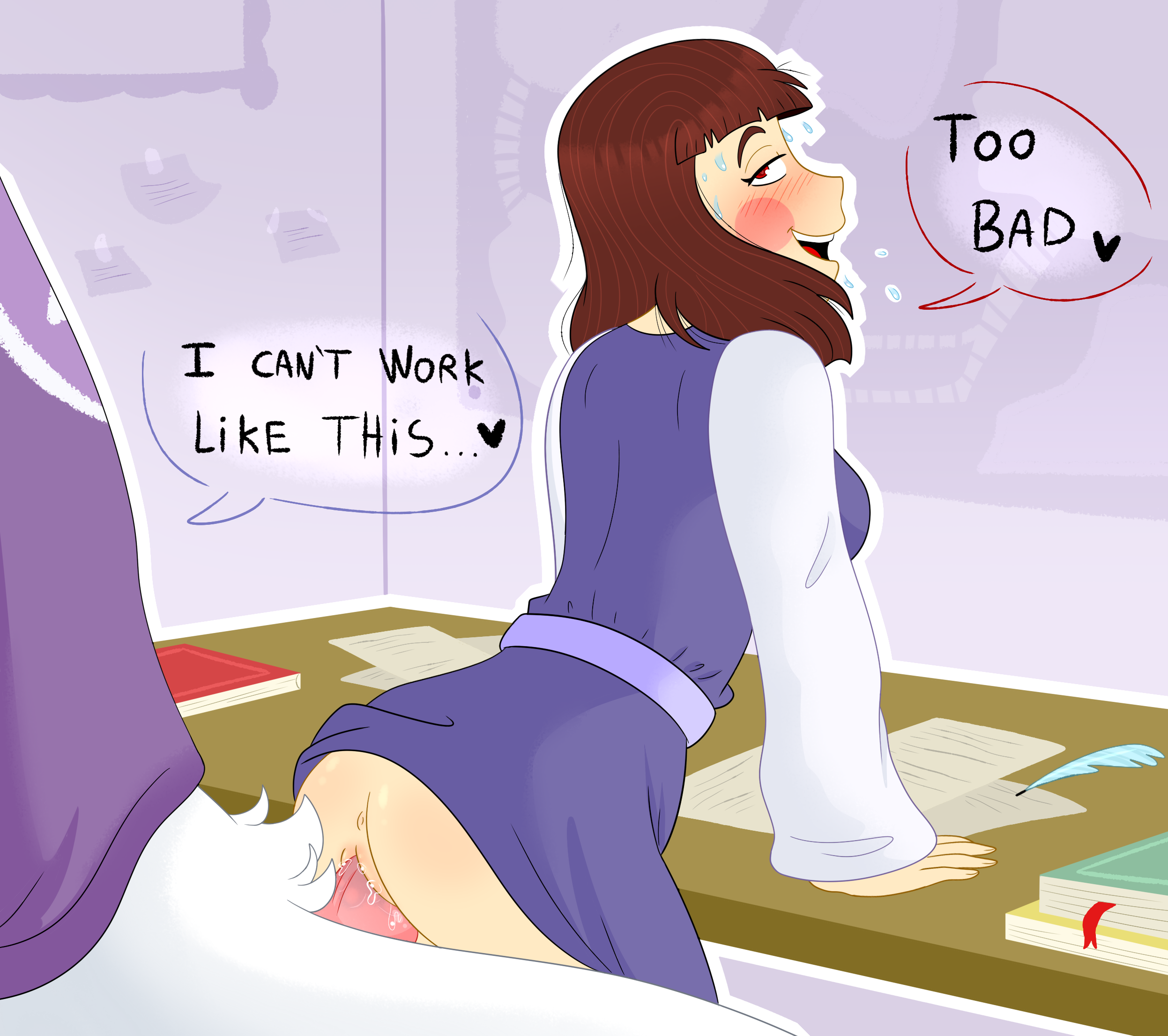 1boy, 1girls, aged up, anthro, anthro on human, asriel dreemurr, bending over, bent over, bent over table, books, chara, clothing, desk, distracted, dress lift, dressed, female, female chara, female human, female/male, human, male, male anthro, male anthro/female human, male/female, monster, monster boy, no panties, papers, penetration, penis, pussy, rainy (artist), seductive, seductive smile, straight, table, text, undertale, undertale (series), undertale au, undertale fanfiction, vaginal penetration