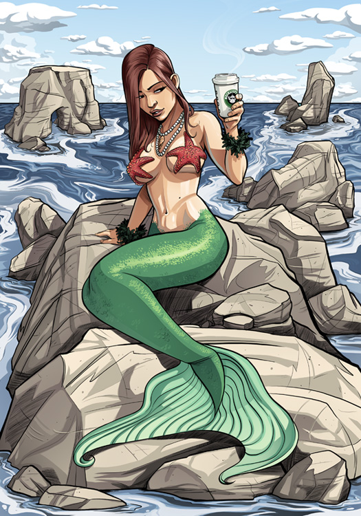 breasts brown_hair coffee_cup female large_breasts long_hair mechabennett mermaid ocean original pearl_necklace rocks seaside starbucks starfish_pasties