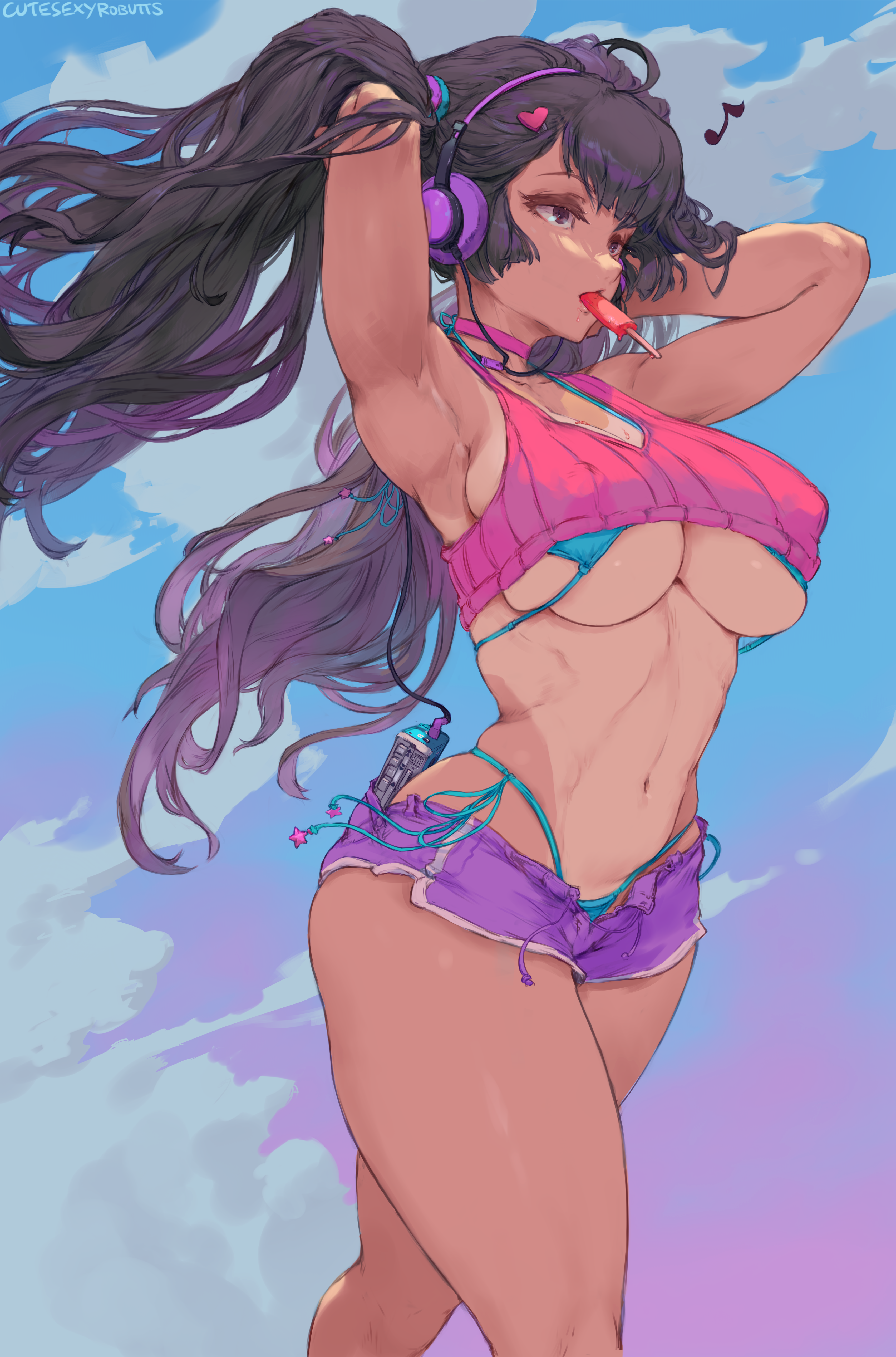 1girls, absurd res, armpits, bikini, black hair, breasts, brown eyes, cutesexyrobutts, female, hands in hair, headphones, hi res, high resolution, highres, large breasts, long hair, midriff, navel, original, popsicle, short shorts, shorts, skindentation, solo, swimsuit, tanline, tanlines, tanned, thick thighs, thighs, tied hair, twintails, underboob, wide hips
