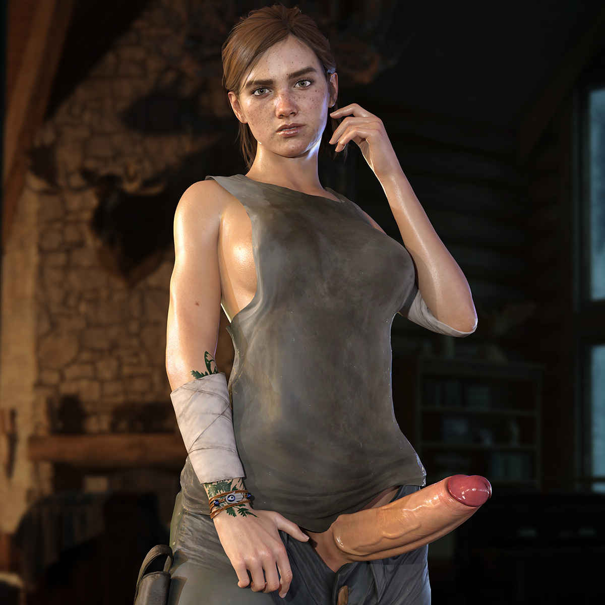 1futa, 3d, athletic, athletic futa, balls, bare shoulders, big breasts, big penis, bracelet, breasts, brown eyes, brown hair, busty, casual, ellie (the last of us), ellie williams, erect penis, erection, freckles, futa only, futanari, glans, hourglass figure, human, intersex, long hair, loose clothes, naughty dog, nordfantasy, open pants, pale skin, pants, penis, penis out, pinup, pinup pose, pose, posing, sideboob, solo futa, tagme, tank top, tattoo, testicles, the last of us, the last of us 2, tied hair, veiny penis, wide hips