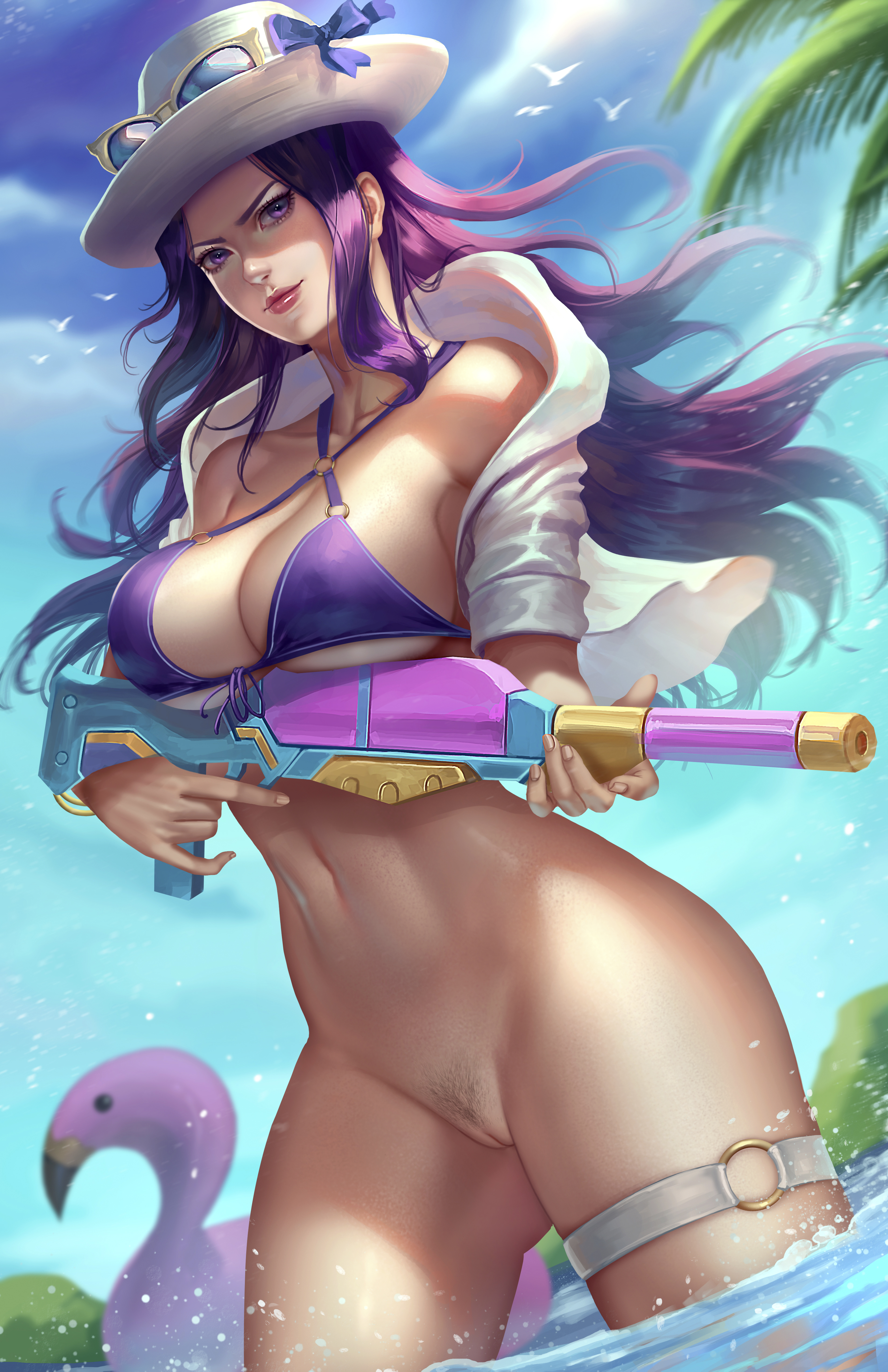 1girls, bottomless, caitlyn kiramman, female, female only, gun, league of legends, nopeys, pool party caitlyn, pool party series, pubic hair, purple hair, pussy, solo, vagina, weapon