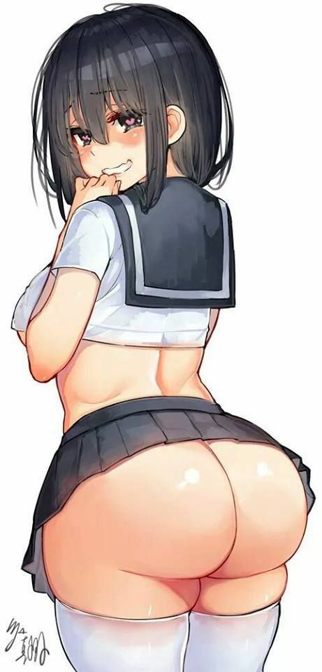 ass, black hair, heart-shaped pupils, miniskirt, school uniform, simple background, thick ass, thighhighs, white background