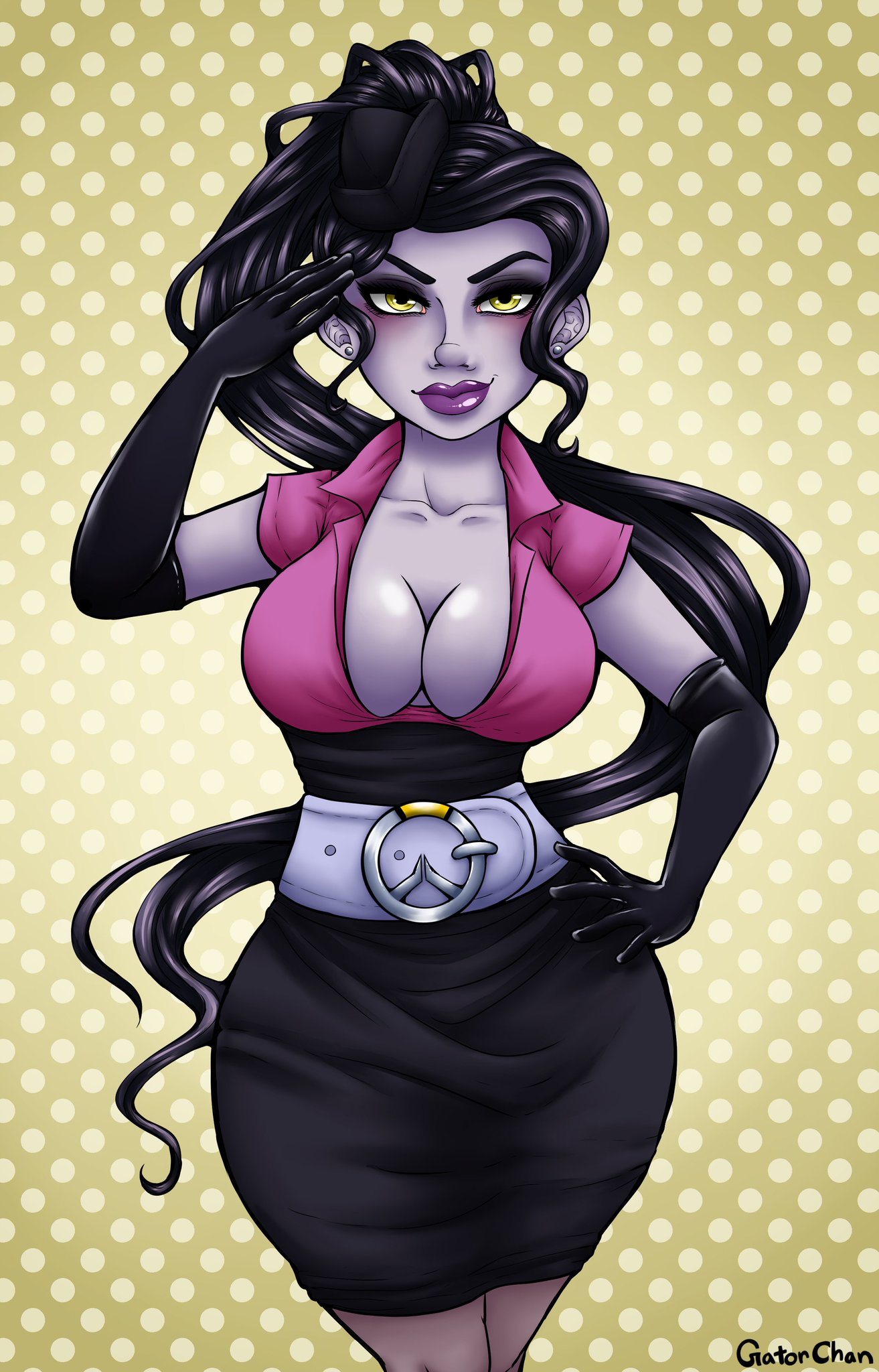 1girls, big breasts, blizzard entertainment, breasts, bust, busty, cleavage, curvaceous, curves, curvy, curvy body, curvy female, curvy figure, curvy hips, ear piercing, earring, earrings, elbow gloves, eyeshadow, female, gatorchan, gloves, hourglass figure, huge breasts, large breasts, lips, lipstick, long hair, looking at viewer, mature, mature female, overwatch, piercing, purple lips, purple lipstick, purple skin, salute, saluting, voluptuous, waist, watermark, wide hips, widowmaker