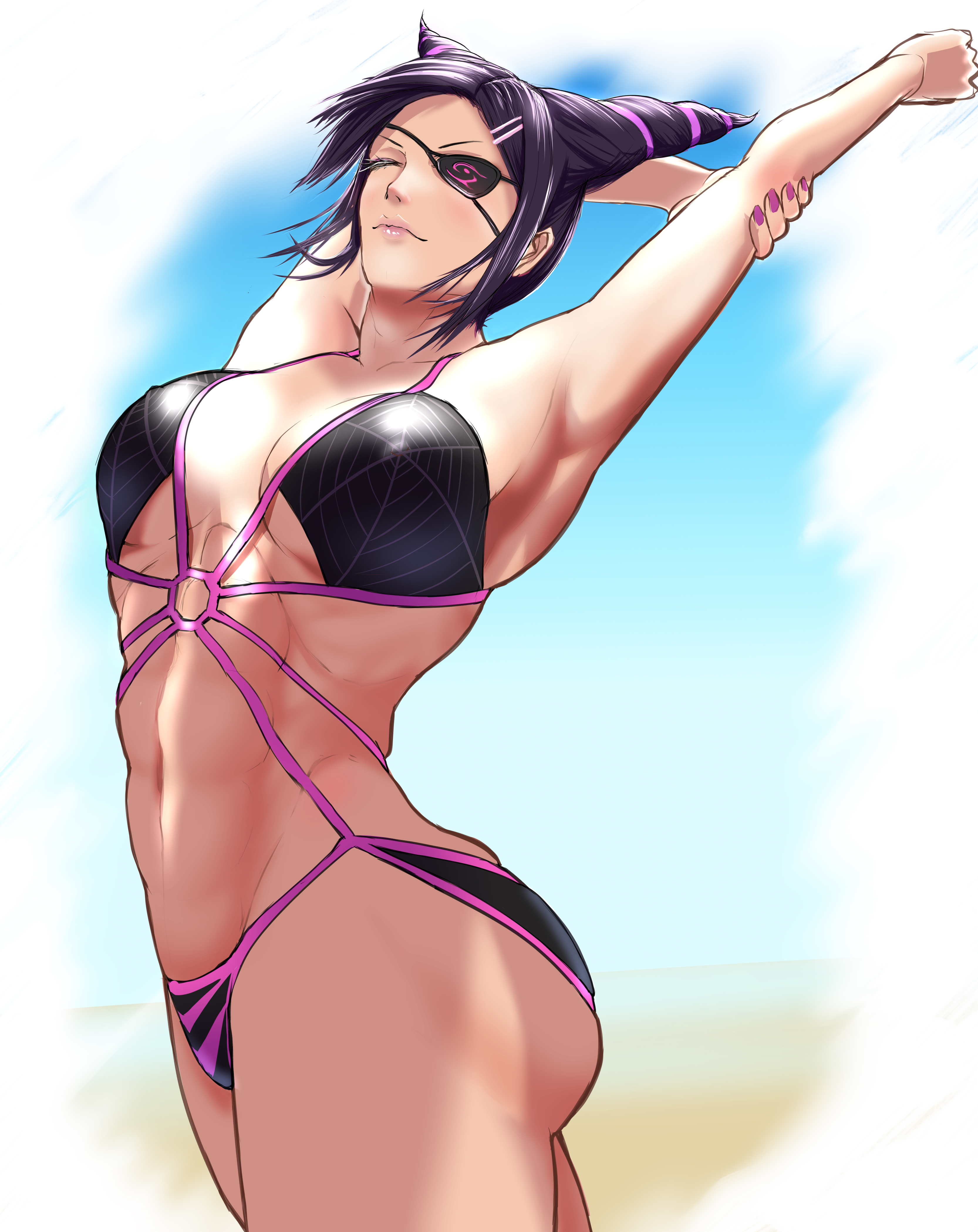 1girls, abs, absurdres, armpits, ass, beach, big ass, bikini, black bikini, black hair, breasts, capcom, closed eyes, clothed, cowboy shot, drill hair, eyelashes, female, female only, hairclip, highres, human, juri han, keke (akuringo731), large breasts, lipstick, midriff, multi-strapped bikini, nail polish, navel, outdoors, pink lipstick, pink nails, sidelocks, solo, spider web print, street fighter, street fighter v, stretching, toned, toned female, twin drills