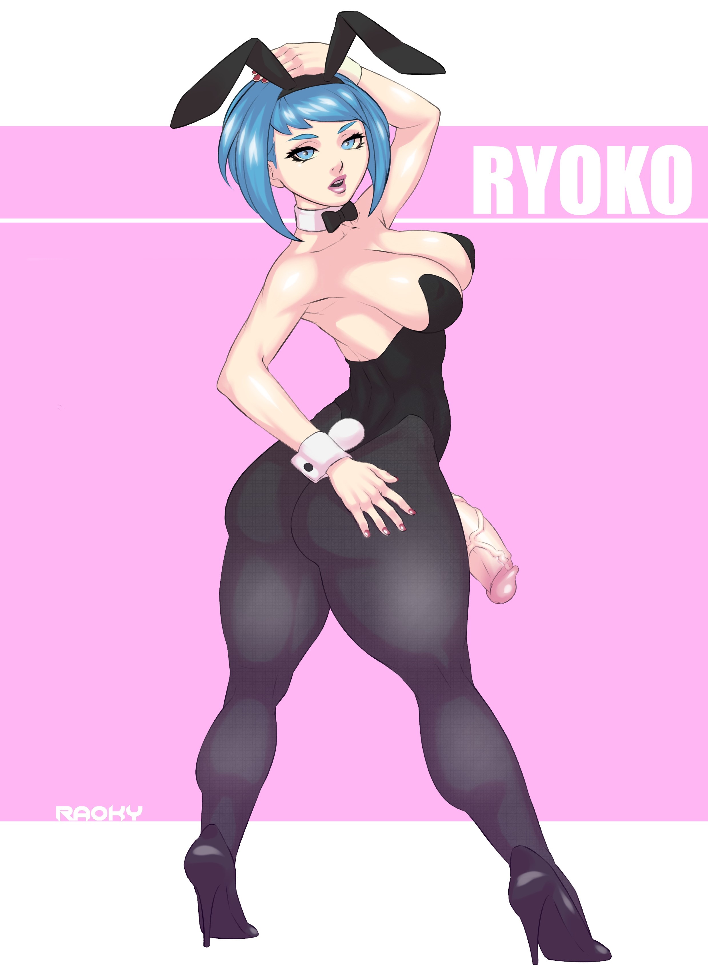 1futa, abs, areolae, balls, big breasts, big penis, blue eyes, blue hair, breasts, bunny ears, choker, cyan hair, female, futa only, futanari, half-erect, hard nipples, huge cock, human, human only, intersex, large breasts, large penis, looking back, muscular, muscular futa, nipples, original character, penis, raoky, ryoko (raoky), short hair, sitting, solo, solo futa, testicles, uncensored, veiny penis