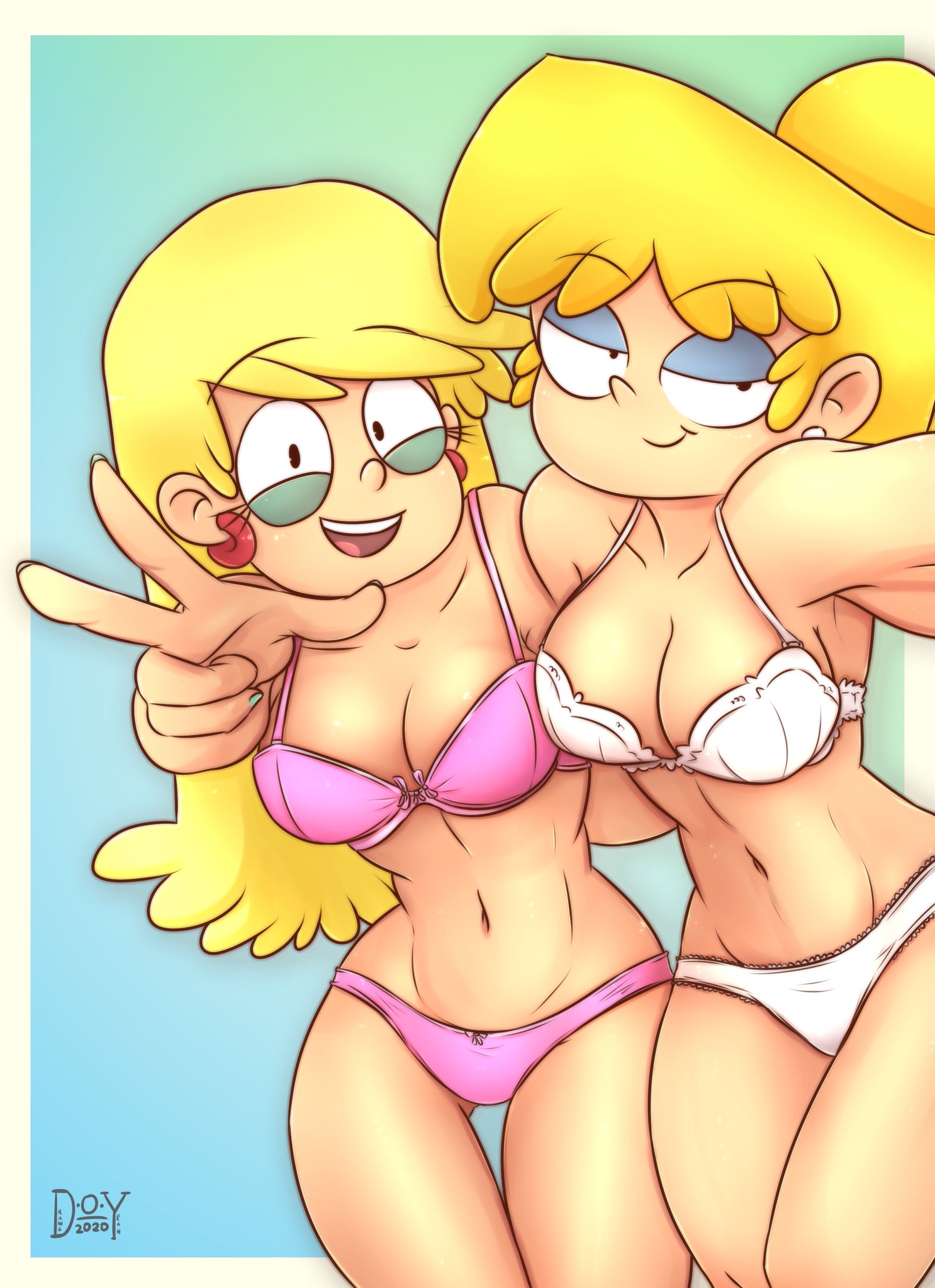 2girls, alternate version available, big breasts, black eyes, blonde hair, bra, breasts, cleavage, collarbone, drawsoyeah, duo, duo focus, earrings, eyebrows visible through hair, eyeshadow, female, female only, half-closed eyes, happy, hug, human, human only, leni loud, lingerie, lori loud, midriff, multiple females, multiple girls, nickelodeon, panties, pink bra, pink panties, selfie, siblings, sisters, small waist, smile, straight hair, the loud house, thick thighs, thigh gap, thighs, thin waist, underwear, underwear only, white bra, white panties