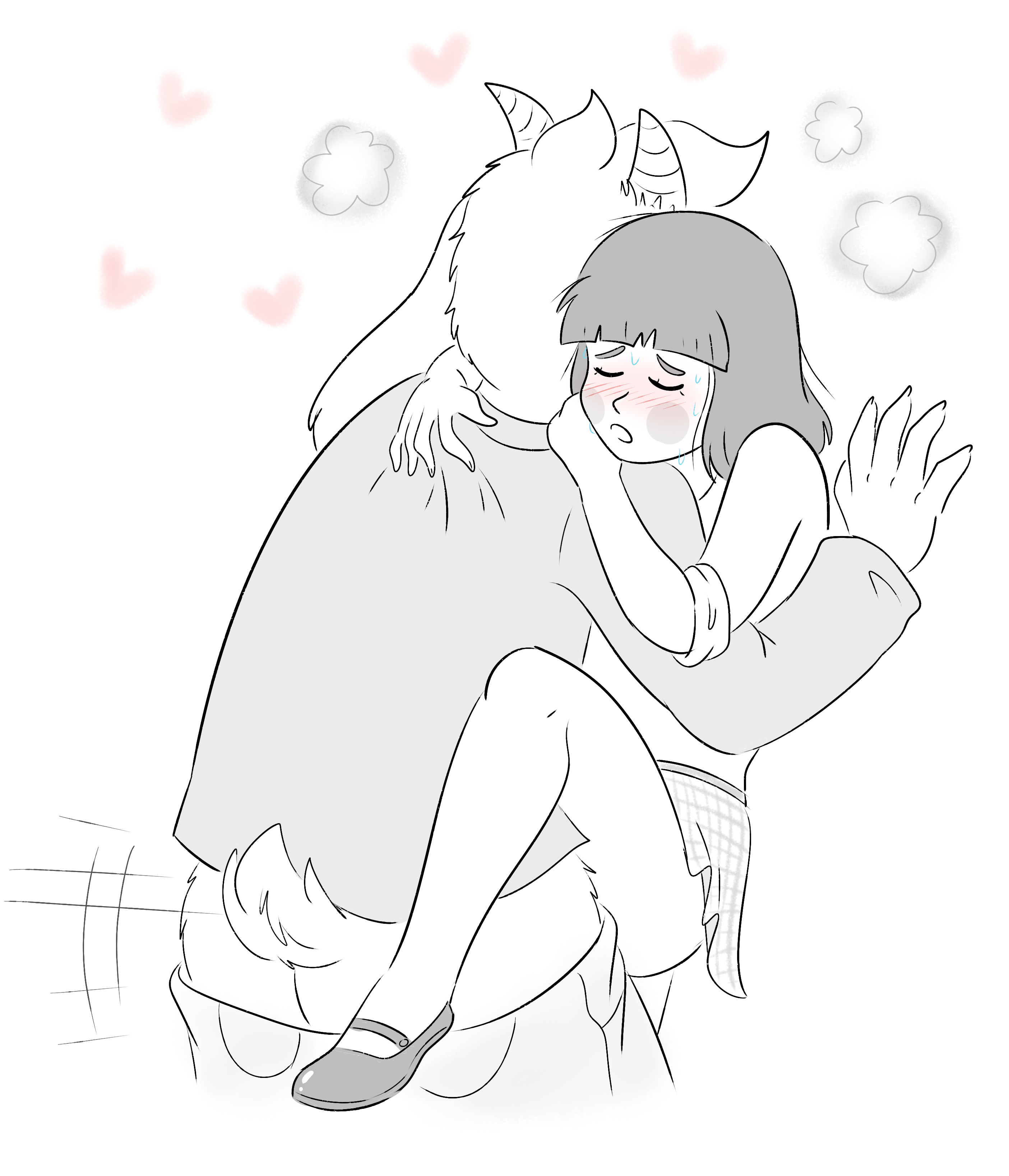 1boy, 1girls, against wall, aged up, anthro, asriel dreemurr, blush, blushing, chara, dressed, female, female chara, female human, female/male, hearts, human, male, male anthro, monochrome, monster, monster boy, passionate, penetration, pussy, rainy (artist), sex, steam, steamy breath, straight, sweat, undertale, undertale (series), undertale au, undertale fanfiction, vaginal penetration