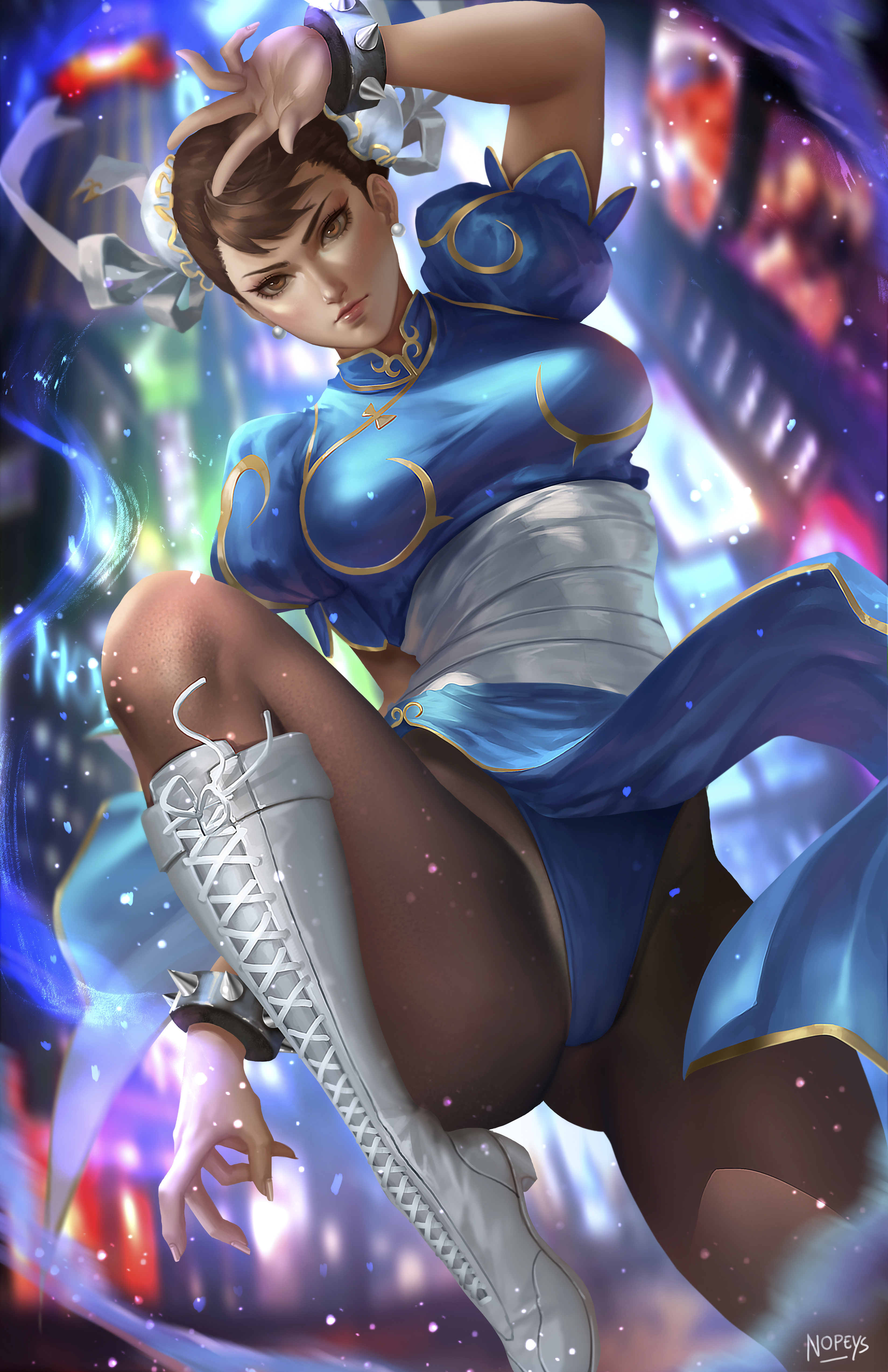 1girls, brown eyes, brown hair, chun-li, earrings, female, female only, fighting, hairbuns, nopeys, pantyhose, solo, street fighter, street fighter ii