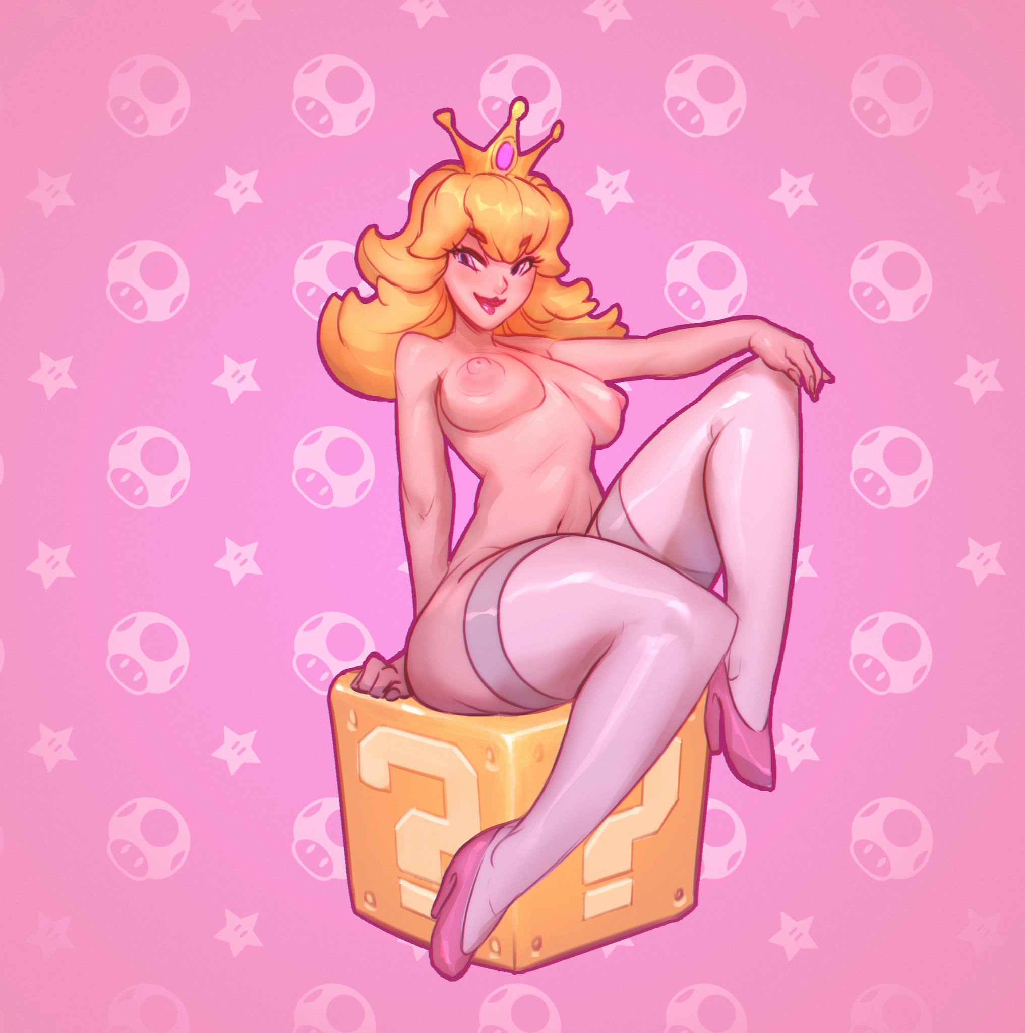 ? block, 1girls, areolae, blonde hair, breasts, female, female only, full body, high heels, mario (series), naked footwear, nintendo, nipples, pink background, princess peach, quasart, royalty, sitting, smile, solo, stockings, super mario bros., thighhighs, tiara, topless