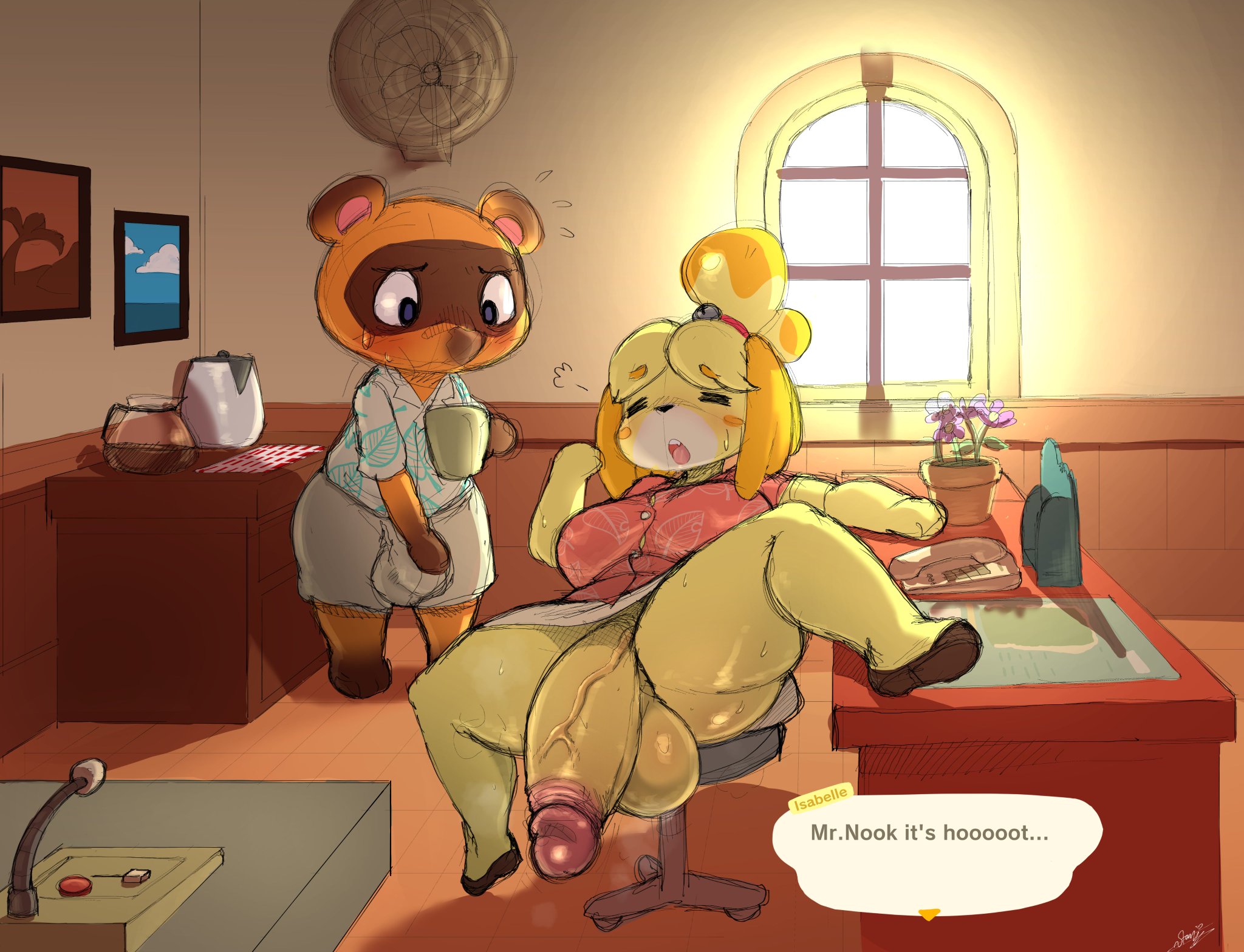 2020, animal crossing, anthro, ass, balls, big ass, big balls, big butt, big penis, blush, dog girl, embarrassed, erection, female, fur, furry, futa focus, futanari, huge cock, intersex, isabelle (animal crossing), looking at penis, nintendo, penis, penis awe, spread legs, starykrow, sweat, thick thighs, tom nook