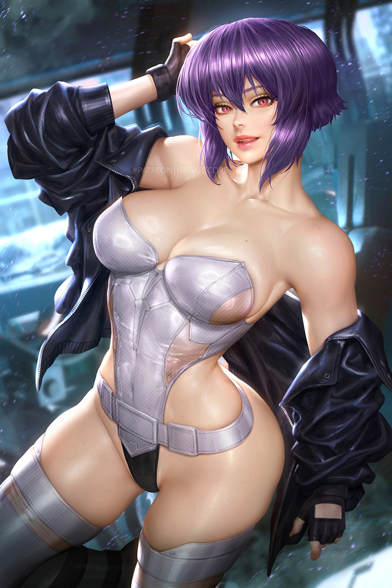 1girls, alternate version available, breasts, cleavage, female, female only, fingerless gloves, ghost in the shell, ghost in the shell stand alone complex, jacket, kusanagi motoko, large breasts, leather jacket, licking lips, looking at viewer, neoartcore, off shoulder, open jacket, purple hair, red eyes, revealing clothes, short hair, smile, solo, thick thighs