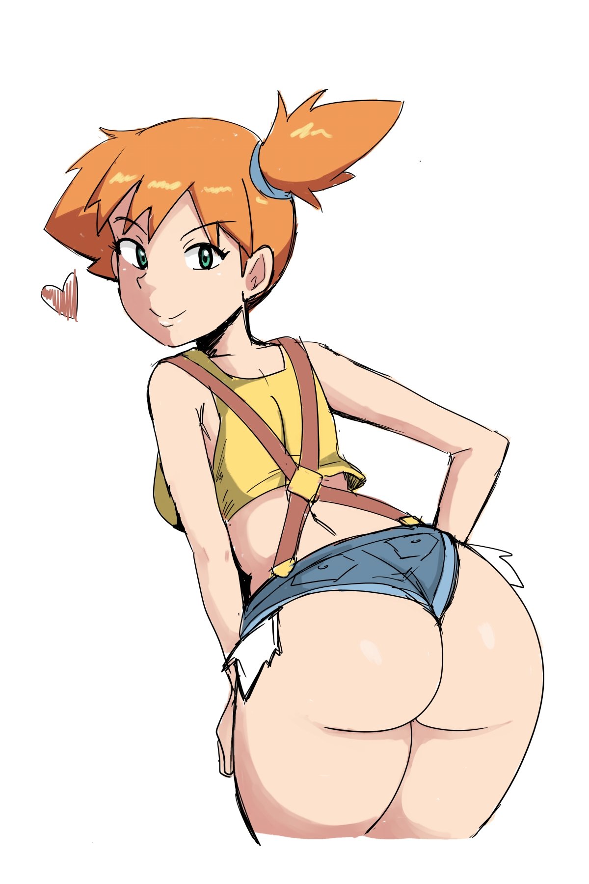 1girls, ass, ass crack, ass hanging out of shorts, big ass, big butt, big thighs, blue eyes, booty shorts, butt crack, eye contact, fat ass, fat butt, female, kasumi (pokemon), light skin, light-skinned female, looking at viewer, looking back, minishorts, nintendo, orange hair, pale skin, pale-skinned female, pockets, pokemon, pokemon rgby, reach025, red hair, short hair, short orange hair, short shorts, shorts, thick thighs, thighs, white background, wide hips