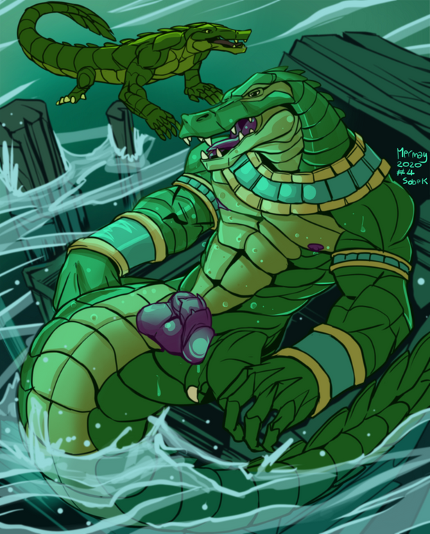 alligator alligatorid anthro armband balls barazoku crocodile crocodilian crocodylid egyptian_mythology fangs genitals green_body green_scales male male_only marine merfolk mermay middle_eastern_mythology multicolored_body muscular mythology nipples penis reptile rickleone scales scalie teeth triton two_tone_body yellow_body yellow_scales