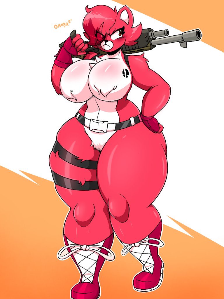 2021 animal_humanoid anthro big_breasts boots breasts clothing covered_nipples cuddle_team_leader epic_games fan_character female footwear fortnite fur furry genitals gun holding_gun holding_object holding_weapon humanoid logo mammal mammal_humanoid meg_(omegabrawl) naturally_censored nintendo nipple_tuft omegabrawl pussy ranged_weapon red_body red_fur shoes shotgun signature solo super_smash_bros. text thick_thighs tuft ursid ursid_humanoid video_games weapon