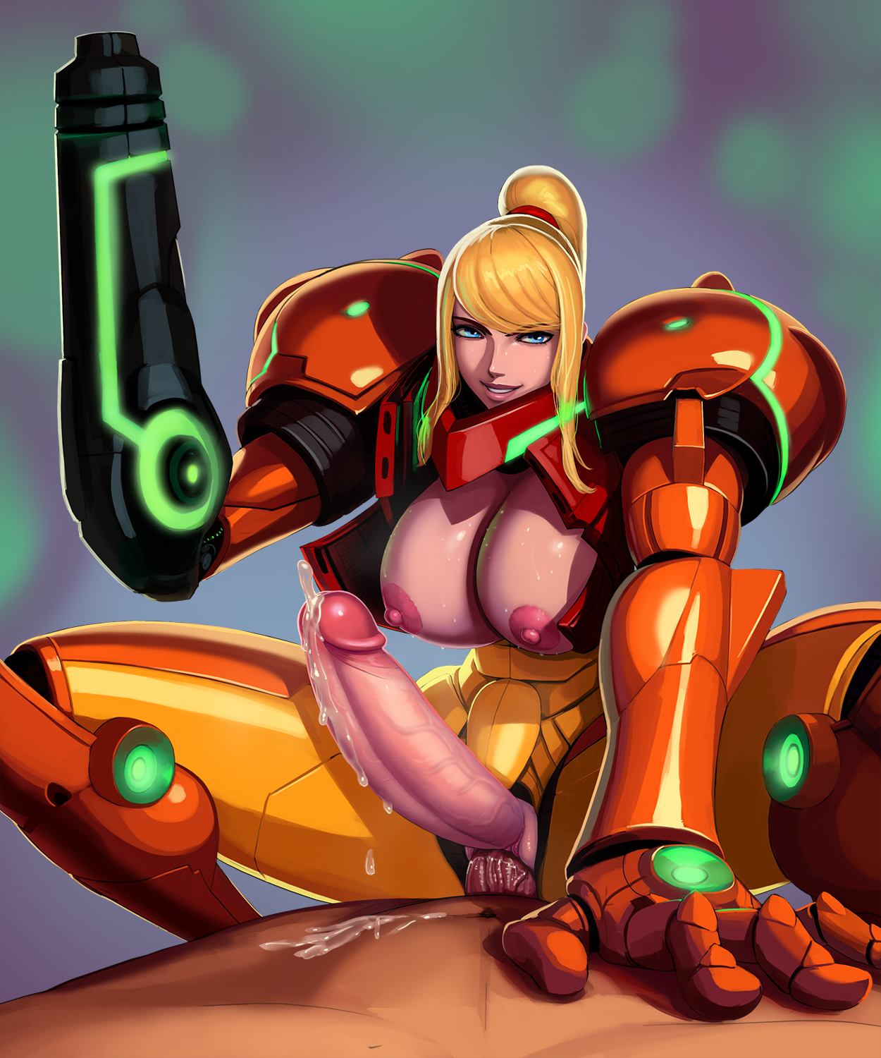 1boy, 1futa, aka6, areolae, armor, armored samus, blonde hair, breasts, crotchless, cum, cum drip, cum while penetrated, cumshot, ejaculation, erect nipples, erection, futa penetrated, futa sans balls, futanari, hands-free, handsfree ejaculation, herm, hermaphrodite, huge breasts, huge penis, intersex, looking at viewer, male, male on futa, male penetrating, metroid, multi genitalia, nintendo, nipples, penetration, penis, penis out, pov, pussy, samus aran, sex, solo focus, vaginal penetration
