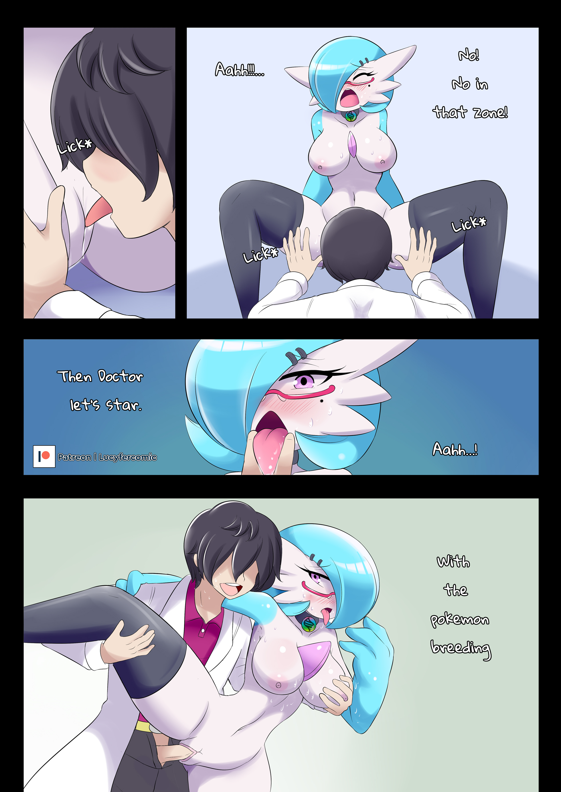 1boy, 1girls, big breasts, breast sucking, breasts, comic, dr. voir, female, game freak, gardevoir, glasses, grammatical error, human on pokemon, lucyfercomic, male, nanosheep, nintendo, original character, pink eyes, pokémon (species), pokemon, pokemon (species), pokemon rse, pussy, shiny gardevoir, shiny pokemon, tagme, text, the professor (lucyfercomic), topless, vaginal penetration