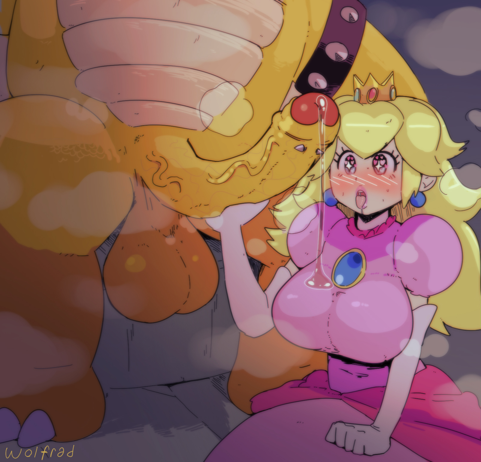 1boy, 1girls, 2020, balls, big balls, big breasts, big penis, blonde hair, blush, bowser, breasts, busty, clothed, clothed female nude male, clothing, cock hungry, cock worship, crown, earrings, elbow gloves, erection, faceless male, female, gloves, huge balls, huge breasts, huge cock, humanoid penis, imminent fellatio, imminent oral, interspecies, kneeling, large breasts, large penis, larger male, light skin, light-skinned female, long hair, looking at penis, male, mario (series), nintendo, nude, pale skin, pale-skinned female, penis, penis awe, precum, princess peach, size difference, steam, surprised, testicles, tight clothing, vein, veiny penis, villain on heroine, wolfgang bang