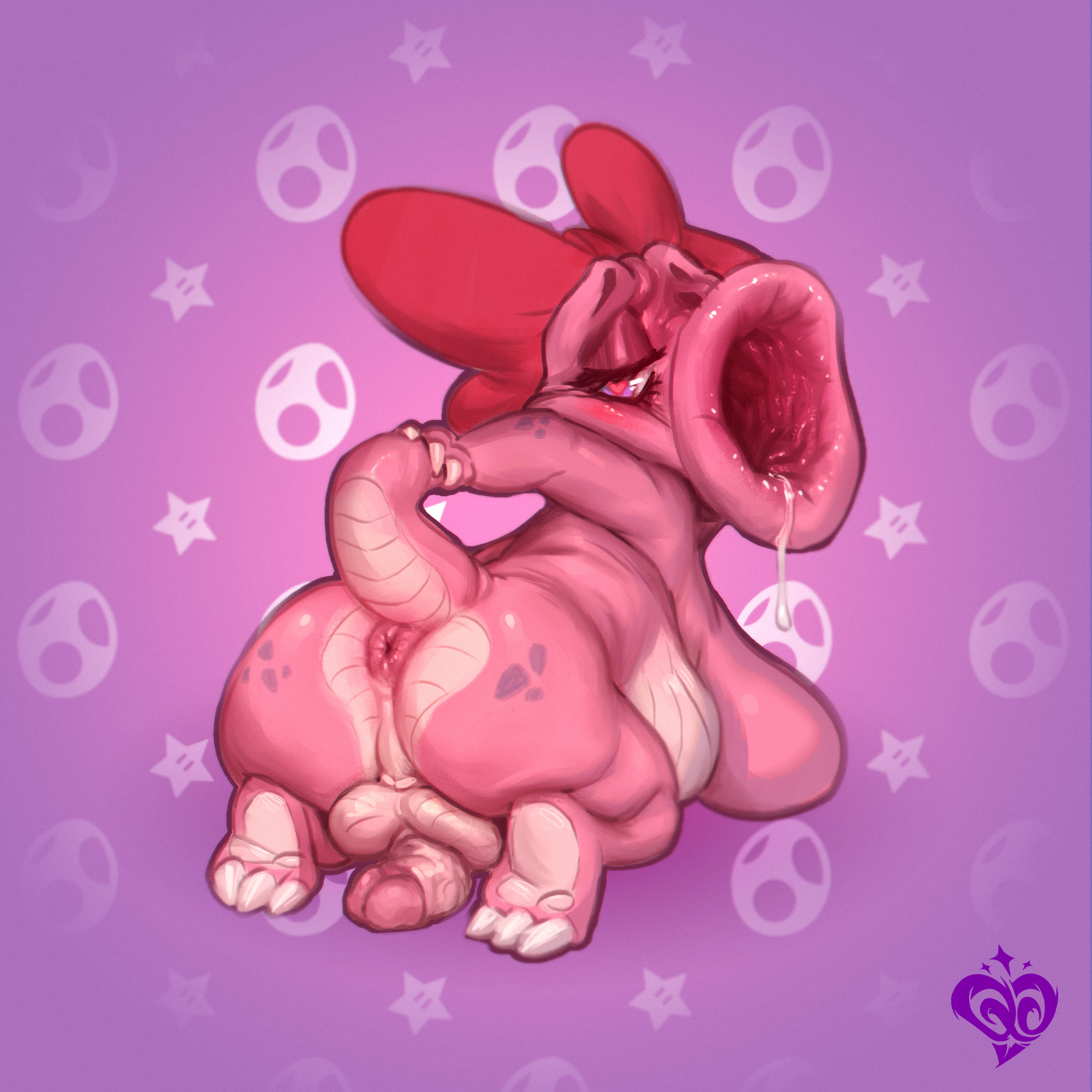 1futa, anus, ass, backsack, balls, ballsack, birdo, breasts, cock-tail, drooling, female, full body, furry, futa only, futa sans pussy, futanari, half-closed eyes, heart, heart-shaped pupils, intersex, kneeling, looking at viewer, looking back, mario (series), nintendo, open mouth, penis, presenting, presenting hindquarters, purple background, quasart, raised tail, scalie, solo, solo female, solo futa, tail, taint, testicles