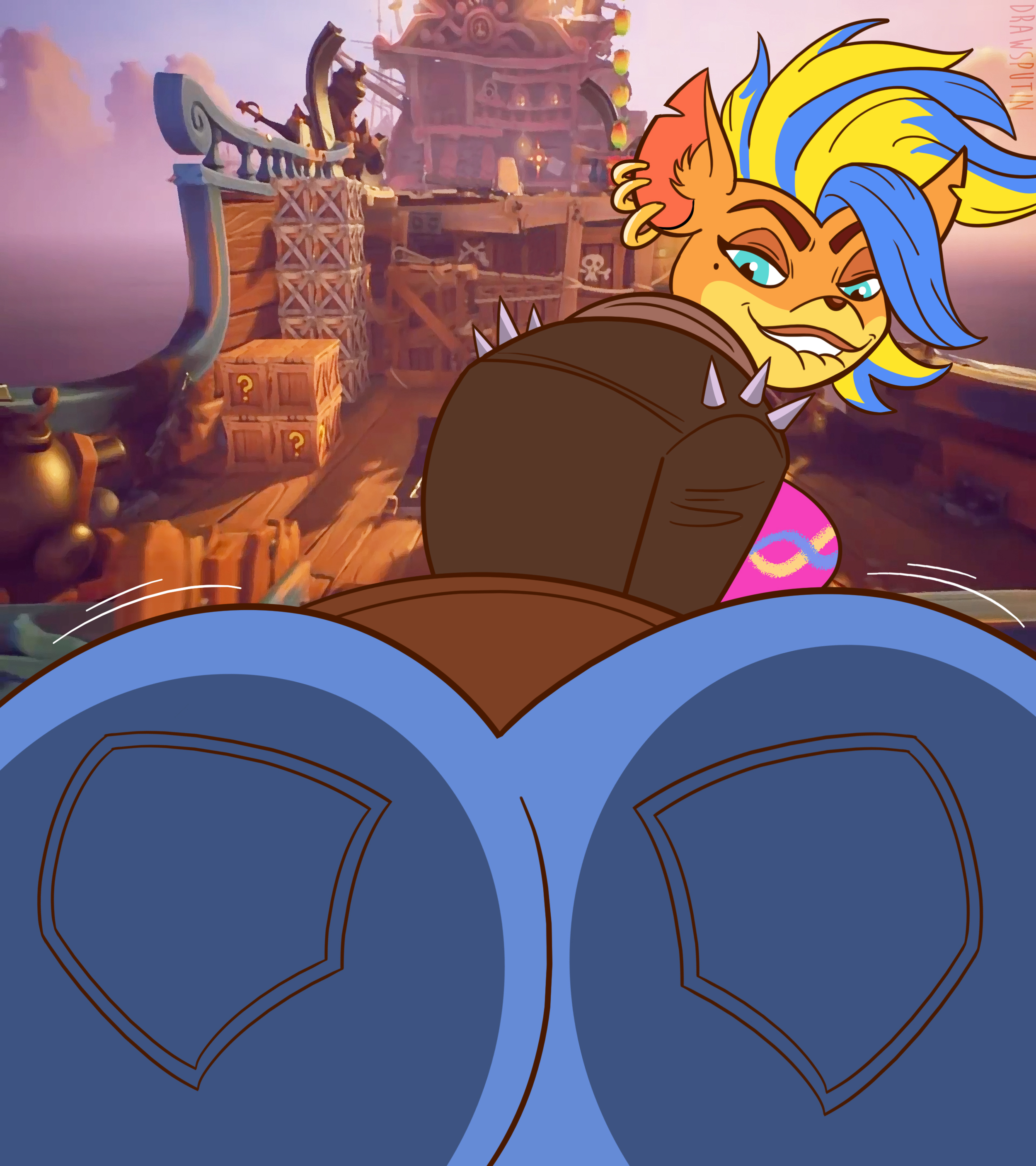 anthro, ass, ass focus, beauty mark, big ass, big butt, bottom heavy, bubble ass, bubble butt, crash (series), crash bandicoot (series), crash bandicoot 4: it's about time, drawsputin, dyed hair, earrings, fat ass, female, female only, huge ass, jeans, large ass, looking at viewer, looking back, looking pleasured, marsupial, mohawk, mole, mole under eye, multicolored hair, orange hair, pirate tawna, tawna bandicoot, tawna bandicoot (crash 4), thick ass, thick thighs, tight clothing, tight jeans, voluptuous, wide hips