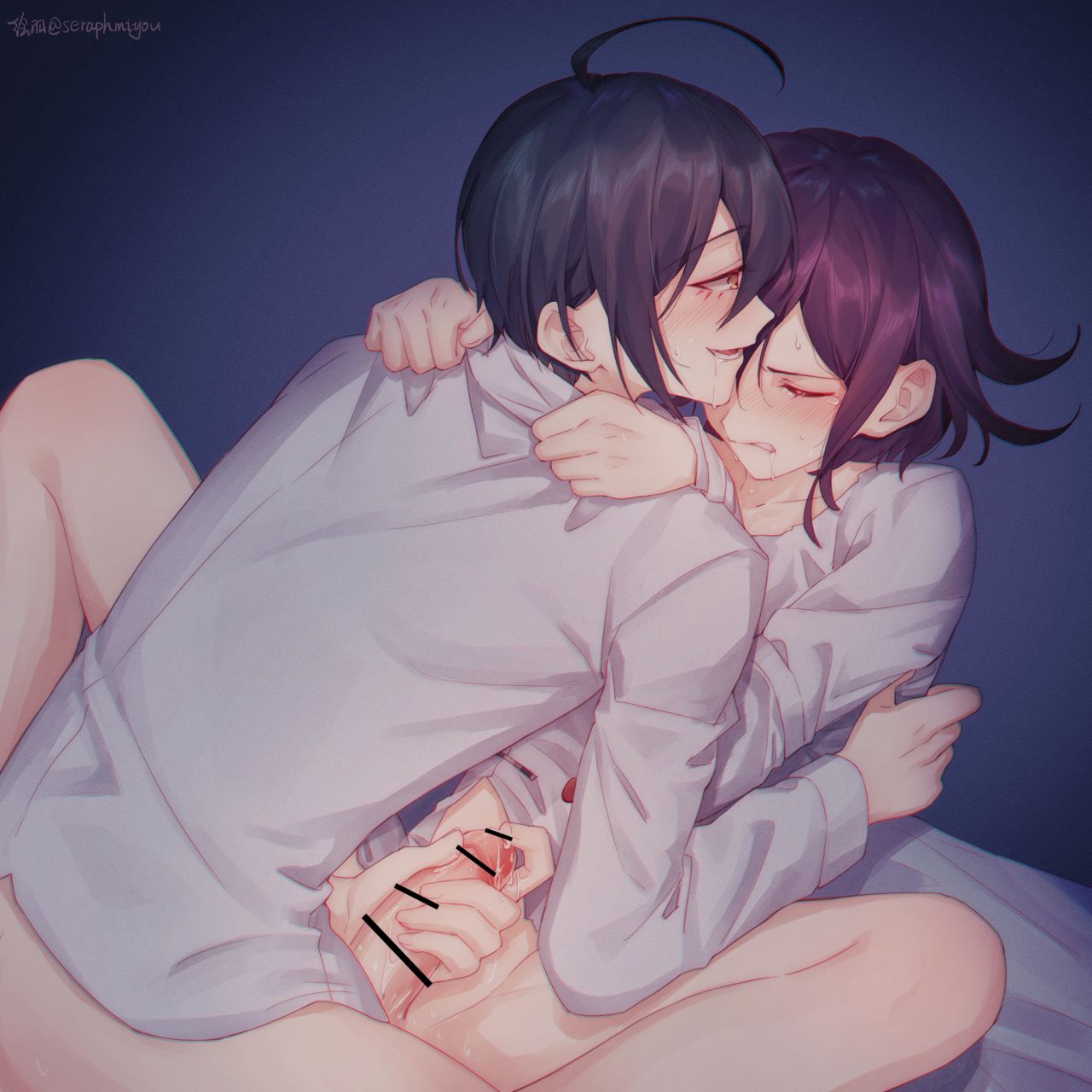 2boys anal_sex censor_bar color colored danganronpa danganronpa_v3 drool drooling ewa_(seraphhuiyu) gay handjob male/male male_only ouma_kokichi partially_clothed saihara_shuuichi smile straight_hair yaoi