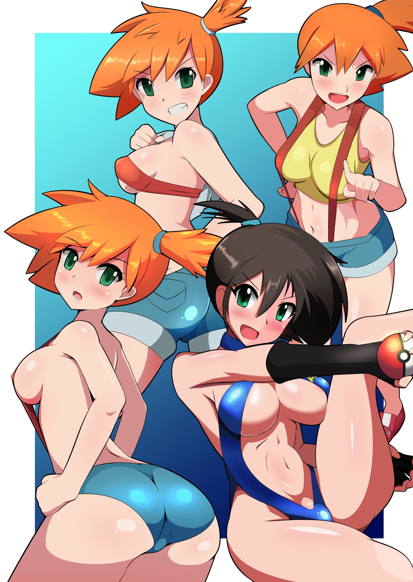 1girls, ass, big ass, black hair, blush, breasts, eye contact, female, green eyes, halubato, hips, kasumi (pokemon), light skin, light-skinned female, looking at viewer, medium breasts, minishorts, nintendo, no bra, one-piece swimsuit, orange hair, pale skin, pale-skinned female, pokemon, pokemon rgby, shorts, side ponytail, sideboob, suspenders, swimsuit, the electric tale of pikachu, thick thighs, thighs, tomboy, topless, wide hips