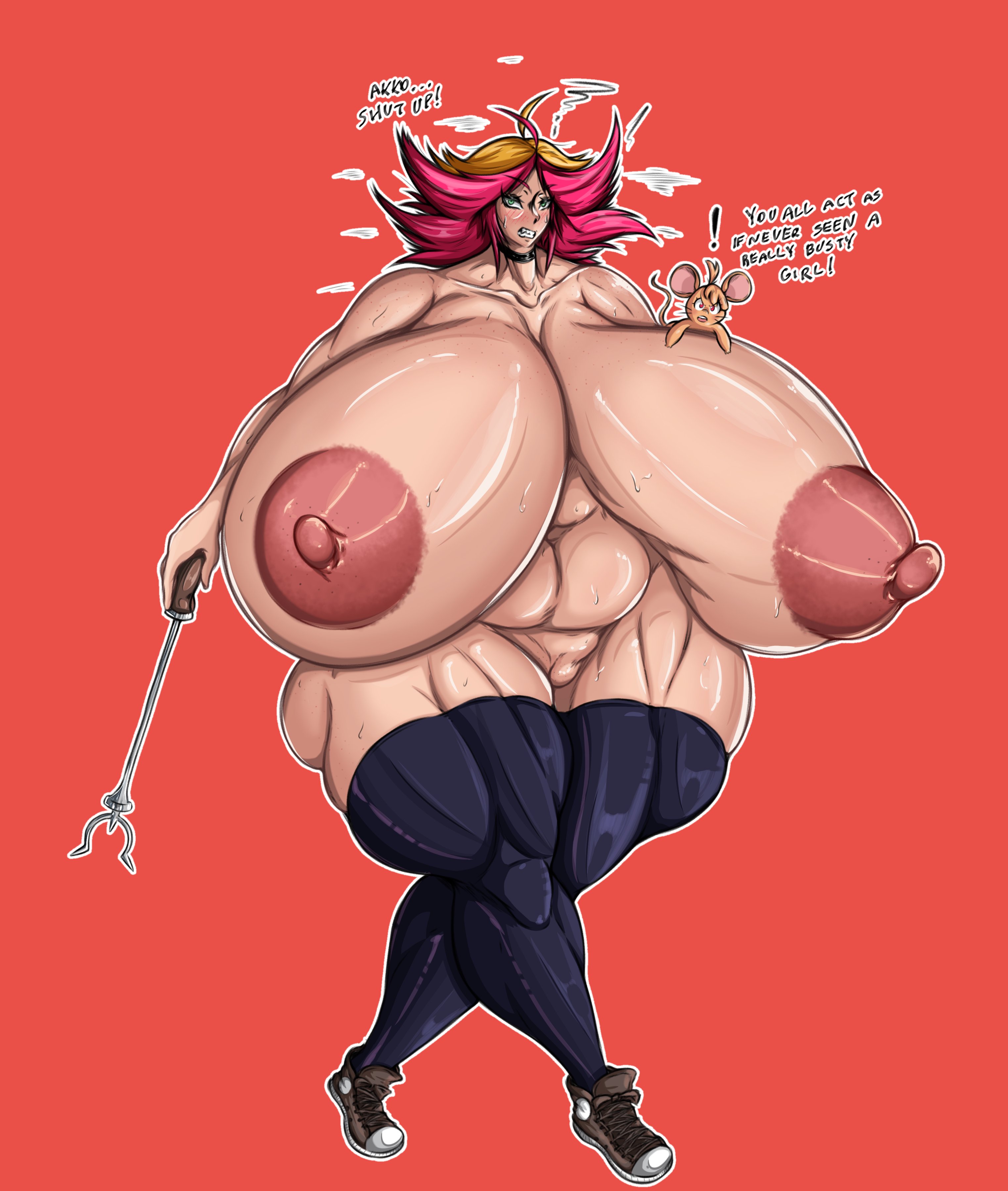 2girls, abs, amanda o'neill, aomokoka, atsuko kagari, blush, breasts, choker, erect nipples, fat mons, female, green eyes, hyper, hyper breasts, little witch academia, mouse, multiple females, multiple girls, muscular, muscular female, navel, nipples, nude, puffy areola, red eyes, red hair, short hair, sneakers, spoken exclamation mark, stockings, studio trigger, sweat, thick thighs, thighhighs, wand, wide hips, witch