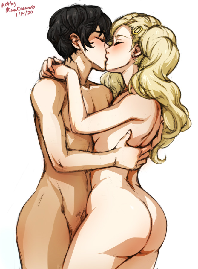 1boy, 1girls, akira kurusu, ann takamaki, ass, atlus, blonde hair, blush, closed eyes, female, hugging, kissing, long hair, male, minacream, naked, nude, persona, persona 5, ren amamiya, romantic