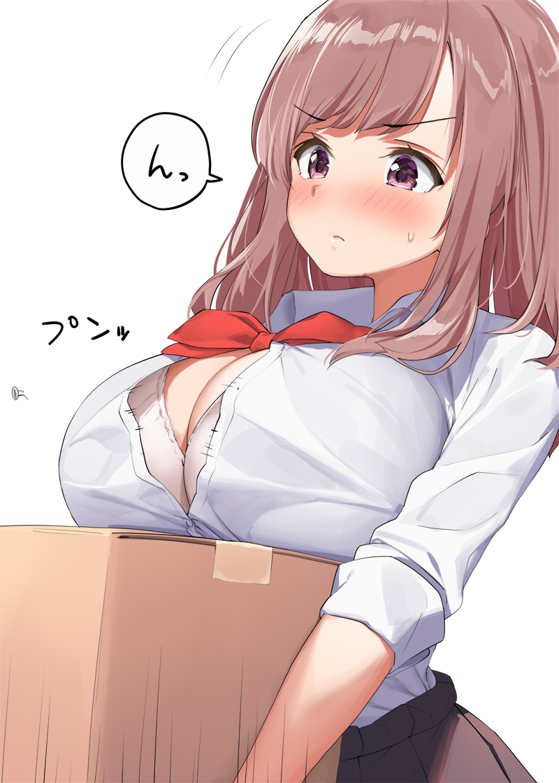 >:( 1girls 2020 bangs bare_arms black_skirt blush bow bowtie box bra breast_rest breasts brown_hair bursting_breasts buttons cardboard_box carrying carrying_object cleavage collared_shirt dress_shirt eyebrows_visible_through_hair female female_only flying_button grey_bra highres inconvenient_breasts japanese_text kaisen_chuui large_breasts long_hair motion_lines original popped_button purple_eyes red_bow red_neckwear school_uniform shirt sidelocks simple_background skirt sleeves_folded_up solo sound_effects speech_bubble sweat text translated underwear wardrobe_malfunction white_background wing_collar