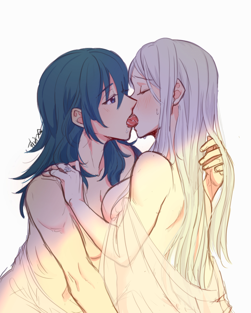 2girls blue_hair blush byleth_(fire_emblem) byleth_(fire_emblem)_(female) edelgard_von_hresvelg female female_protagonist fingering fingering_partner fire_emblem fire_emblem:_three_houses french_kiss kissing long_hair nintendo nude riromomo sweat white_hair yuri