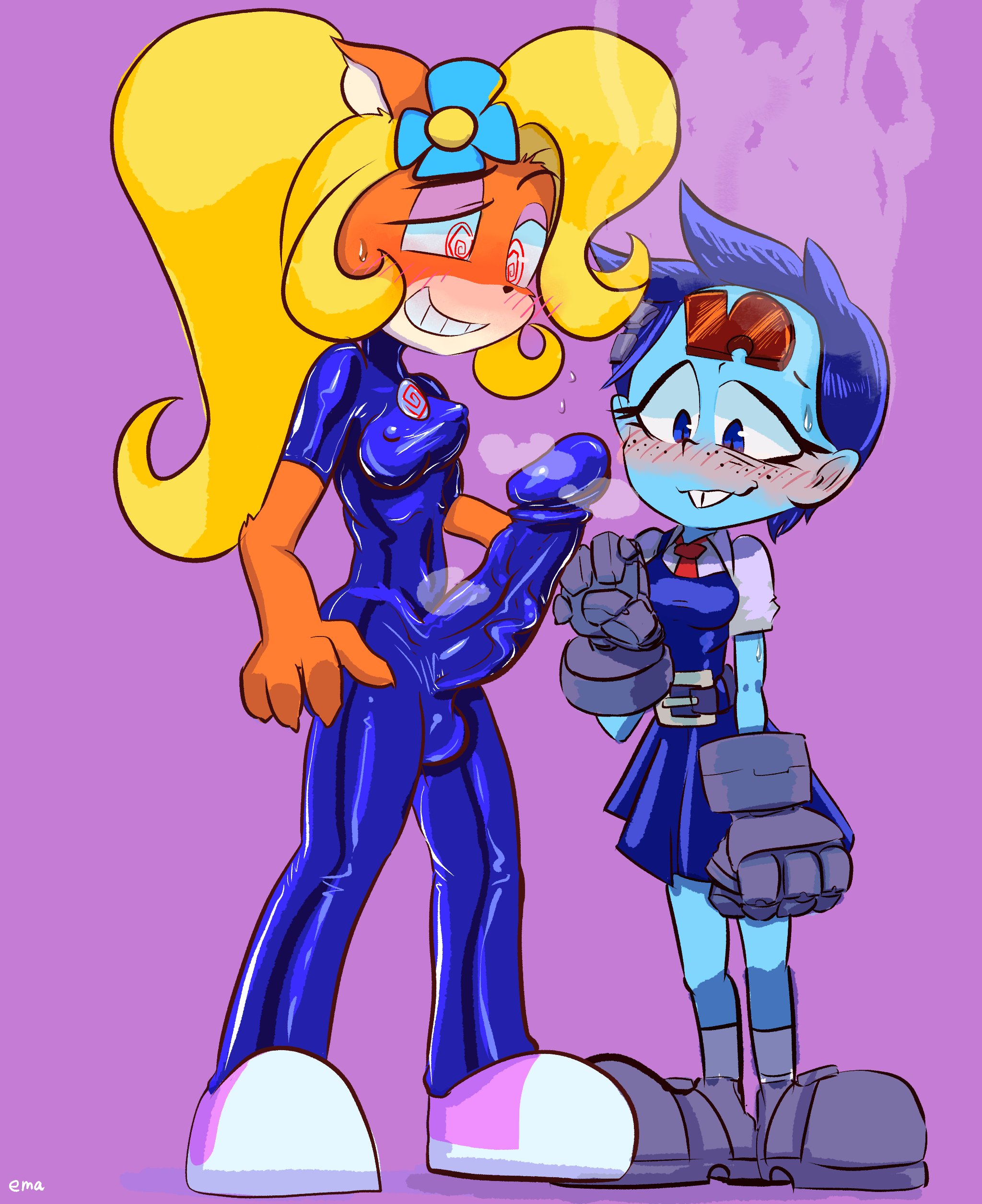1futa, 1girls, blue skin, blush, bodysuit, clothed, coco bandicoot, crash (series), crash bandicoot 2: n-tranced, ema npr, erect nipples, erection, excited, female, furry, futanari, horny, huge cock, huge penis, humanoid penis, hypnosis, intersex, mind control, musk, nina cortex, nipples, penis, spiral eyes, sweat