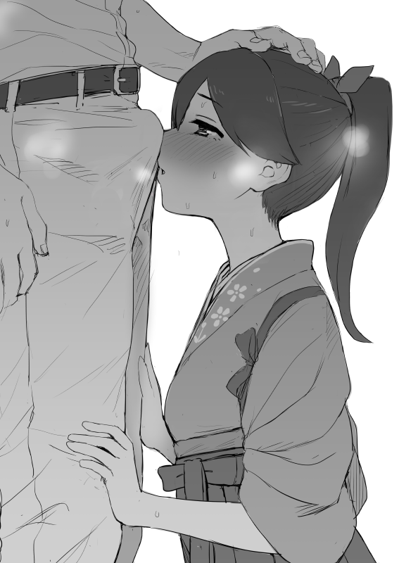 1boy 1girls admiral_(kantai_collection) black_and_white blush bulge cock_hungry cock_sniffing cock_worship crotch_sniffing hakama houshou_(kantai_collection) kantai_collection kumadano monochrome musk musk_clouds ponytail small_breasts sweat visible_breath