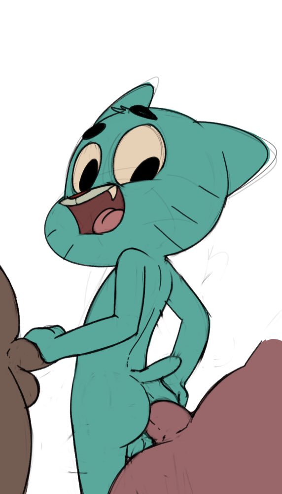 2boys, ambiguous gender, anal, anal penetration, anal sex, big dom small sub, cat ears, chubby, cub, father and son, femboy, fur, furry, furry only, gay, gumball watterson, handjob, incest, jerseydevil, looking back, male, male cub, male only, naked, richard watterson, small dom big sub, surprised, tail, the amazing world of gumball, threesome, white background, yaoi, young