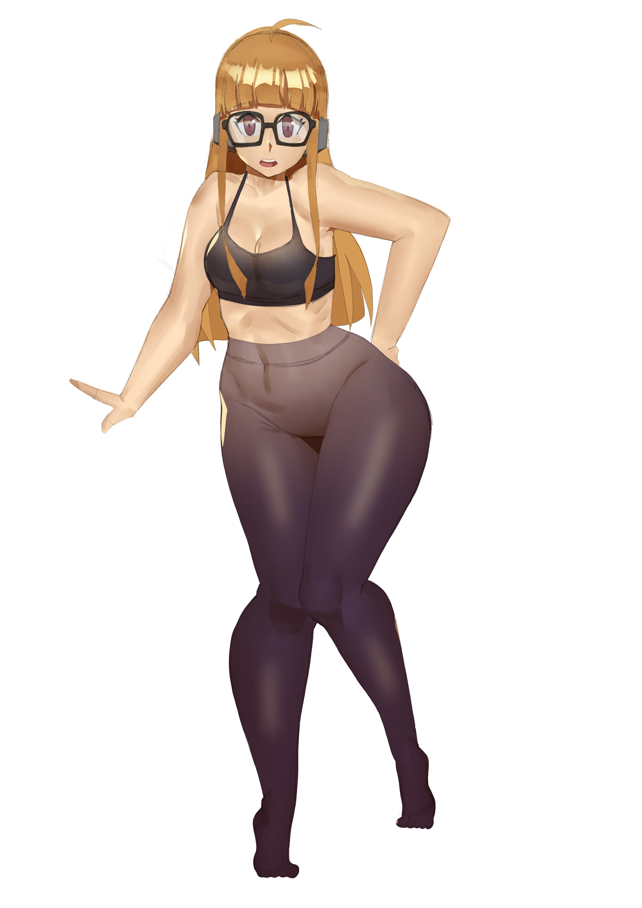 1girls, 2d, ass, big ass, black pantyhose, breasts, brown eyes, chubby, chubby female, curvaceous, curvy, curvy figure, doublehero, female, glasses, huge ass, knees together feet apart, large ass, light skin, light-skinned female, long hair, medium breasts, no shoes, orange hair, pale skin, pale-skinned female, pantyhose, persona, persona 5, plump, sakura futaba, shortstack, sports bra, thick thighs, thighs, voluptuous, voluptuous female, white background, wide hips