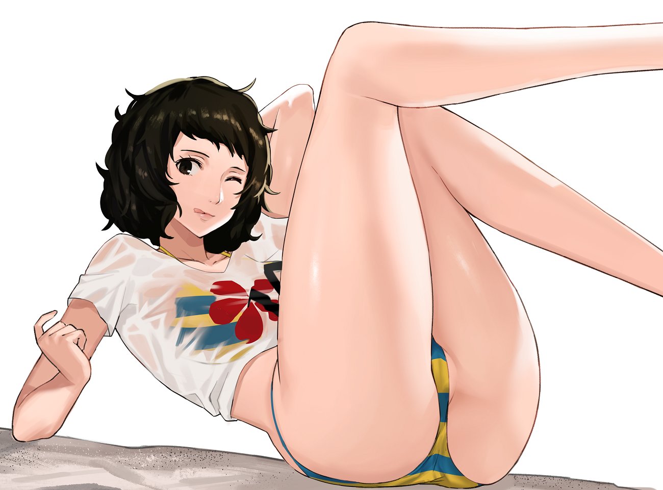 1girls, ass, atlus, bikini, brown hair, female, female only, j@ck, legs up, licking lips, persona, persona 5, sadayo kawakami, sadayo kawakami (swimsuit), short hair, solo, striped bikini, swimsuit, swimwear, teacher, thick thighs, wet, wet clothes, wet shirt, wet t-shirt