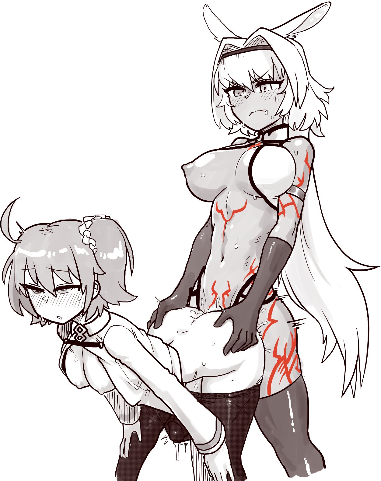 2futas, ahoge, ambiguous penetration, animal ears, areolae, ass, bent over, big penis, breasts, caenis (fate), dark skin, erection, erection under clothes, eyes rolling back, fate (series), fate/grand order, female, fujimaru ritsuka (female), futa on futa, futa only, futanari, futasub, gloves, gudako, half-closed eyes, hand on ass, hand on knee, hands on ass, hands on knees, interracial, intersex, kemonomimi, large breasts, long gloves, looking pleasured, monochrome, open clothes, open mouth, penis, precum, precum through clothing, rolling eyes, sex, simple background, small breasts, thetenk, thighhighs, white background, white hair