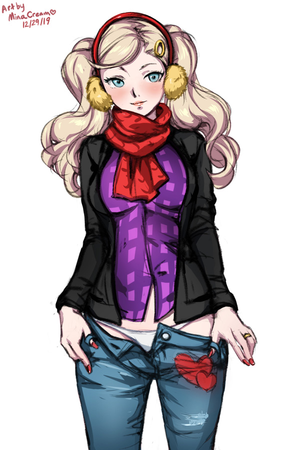 1girls, ann takamaki, atlus, blonde hair, blush, earmuffs, female, long hair, minacream, panties, persona, persona 5, scar, solo, twintails