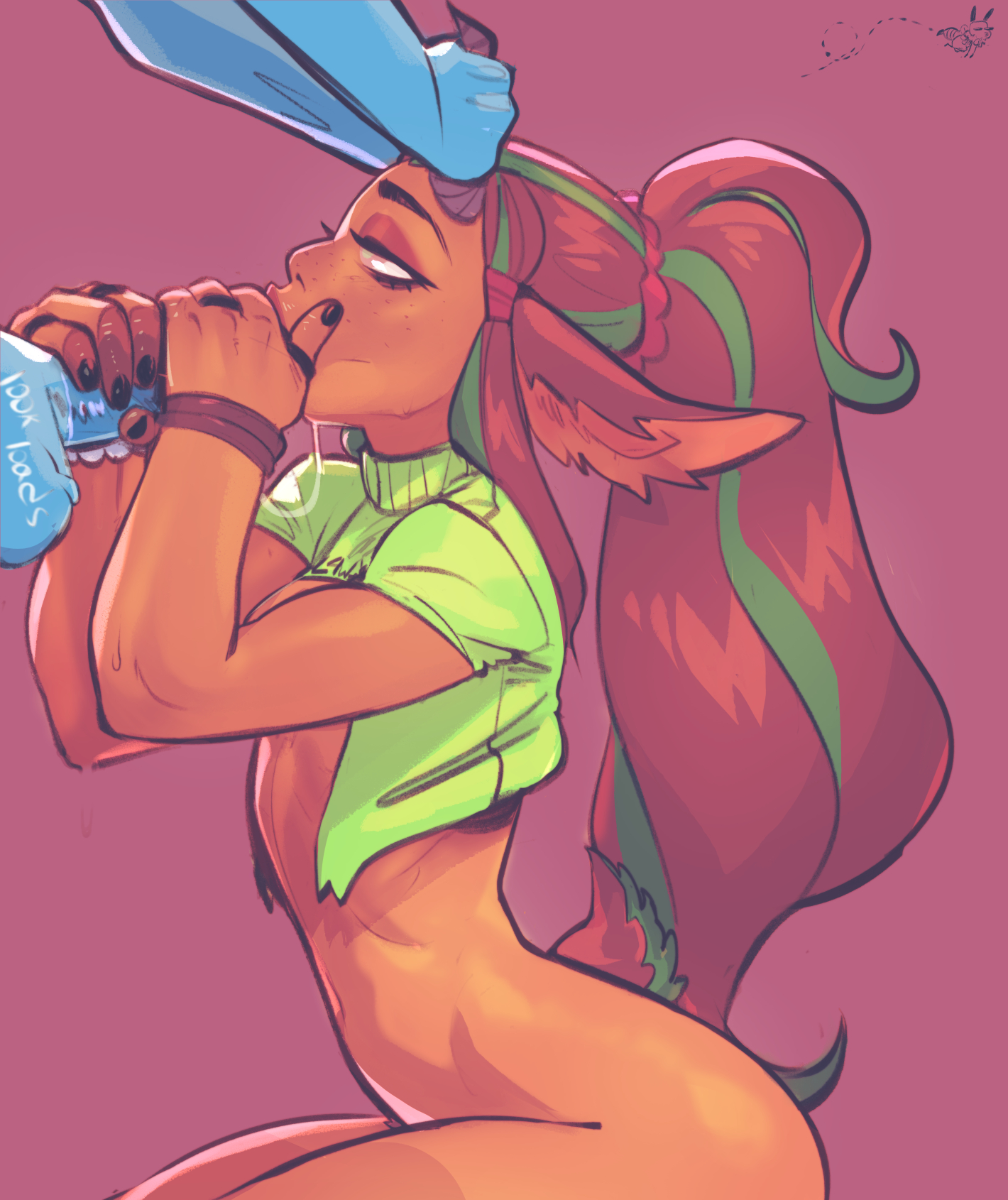 1boy, 1girls, animal ears, blowjob, breasts, bunny ears, dark skin, dark-skinned female, drooling, eymbee, fellatio, female, horn grab, horns, jackaye, male, oral, original, original character, ponytail, small breasts, tail
