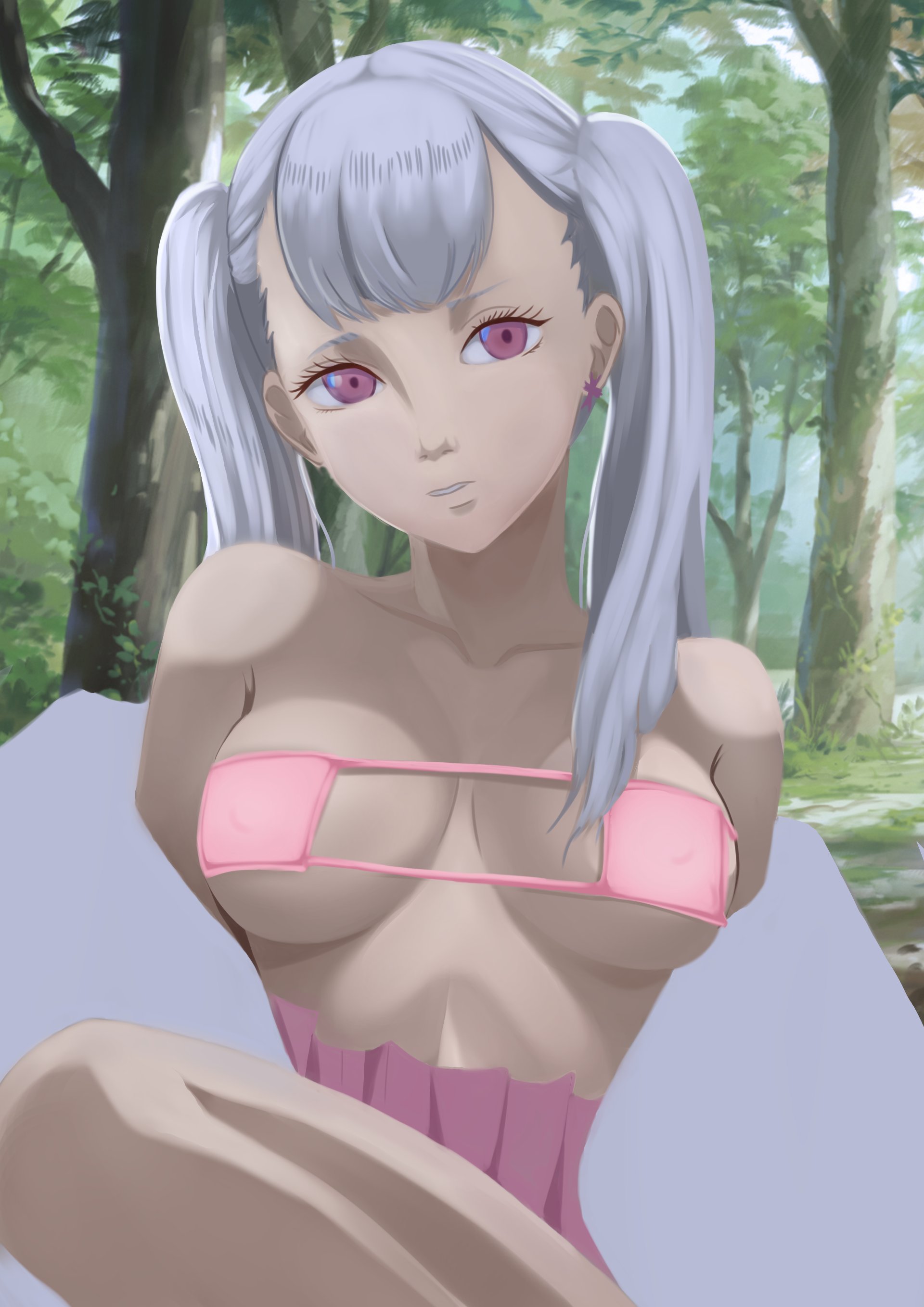 bikini, black clover, breasts, eyepatch bikini, female, female focus, female only, looking at viewer, micro bikini, noelle silva, pink bra, purple eyes, silver hair, small breasts, the amazing gambit, twintails