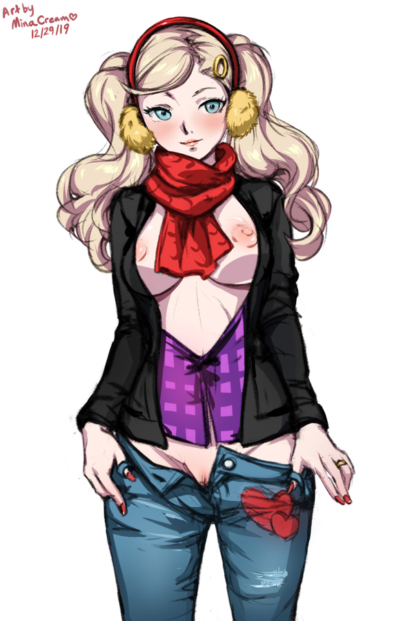 1girls, ann takamaki, atlus, blonde hair, blush, breasts, breasts out, ear muffs, earmuffs, female, long hair, minacream, no panties, pants down, persona, persona 5, solo, twintails