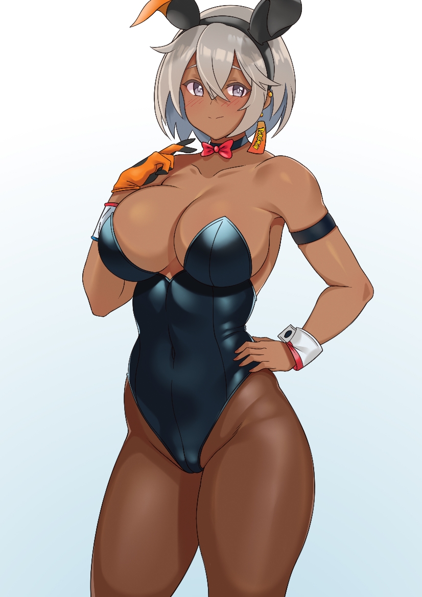 1girls, 2d, 2d (artwork), alternate ass size, alternate body type, alternate breast size, alternate version available, bea (pokemon), big breasts, breasts, brown skin, brown-skinned female, bunny ears, bunnysuit, choker, dark skin, dark-skinned female, dzlily, earrings, eye contact, female, gloves, grey hair, human, large breasts, leotard, looking at viewer, nintendo, pantyhose, pokemon, pokemon ss, ribbon, short hair, smile, solo, standing, thick thighs, thighs