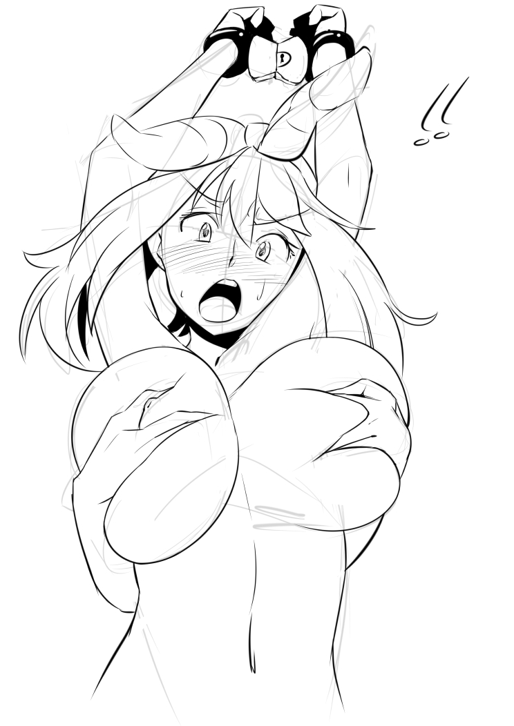 !!, 1girls, 47k, arms up, blush, bondage, bow, breast grab, breast squeeze, breasts, cuffs, disembodied hands, eyebrows visible through hair, female, female focus, grope, groping, groping from behind, hairband, hairbow, huge breasts, may (pokemon oras), may (pokemon), monochrome, nintendo, nipples, nude, open mouth, pokemon, pokemon oras, short hair, sketch