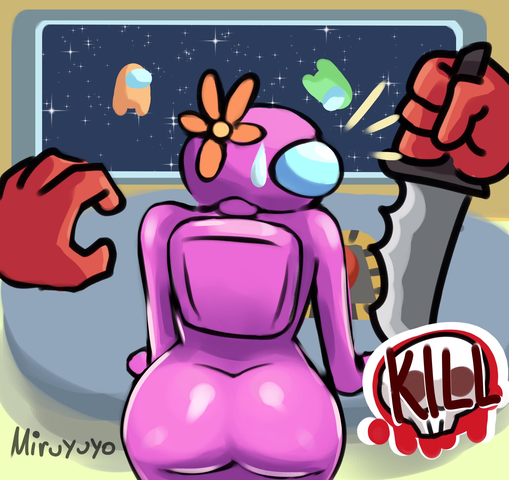 among us, ass, behind view, first person view, flower in hair, impostor (among us), knife, lime (among us), miruyuyo, orange (among us), pink (among us), pov, red (among us), spaceship, spacesuit, sweatdrop