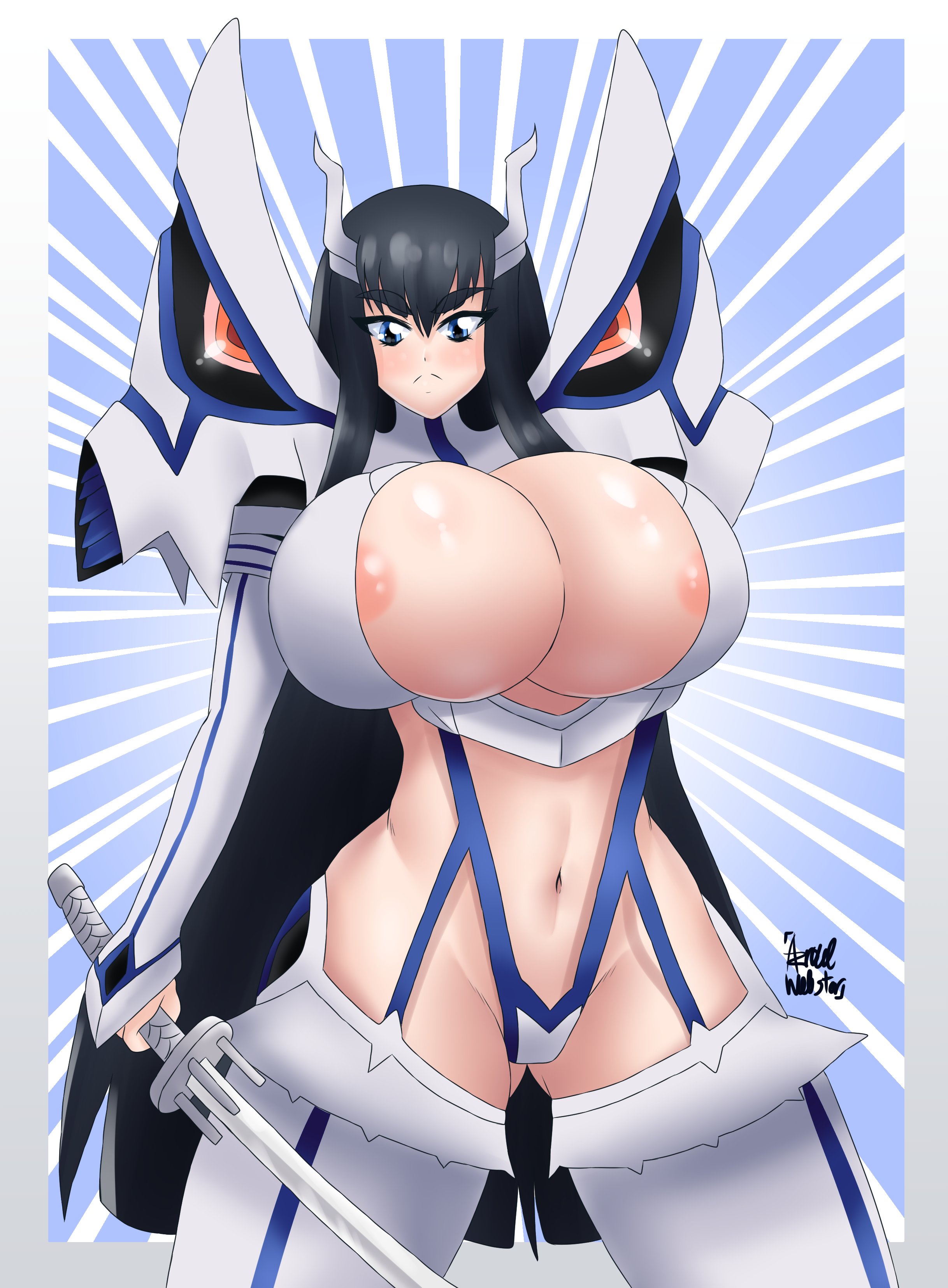 1girls, alternate breast size, azraelwebster, big breasts, breasts, bursting breasts, clothed female, favorite, female, female focus, female only, huge breasts, junketsu, kill la kill, kiryuuin satsuki, large breasts, long hair, nipples, nipples visible through clothing, solo, solo female, solo focus, thighhighs, tight clothing